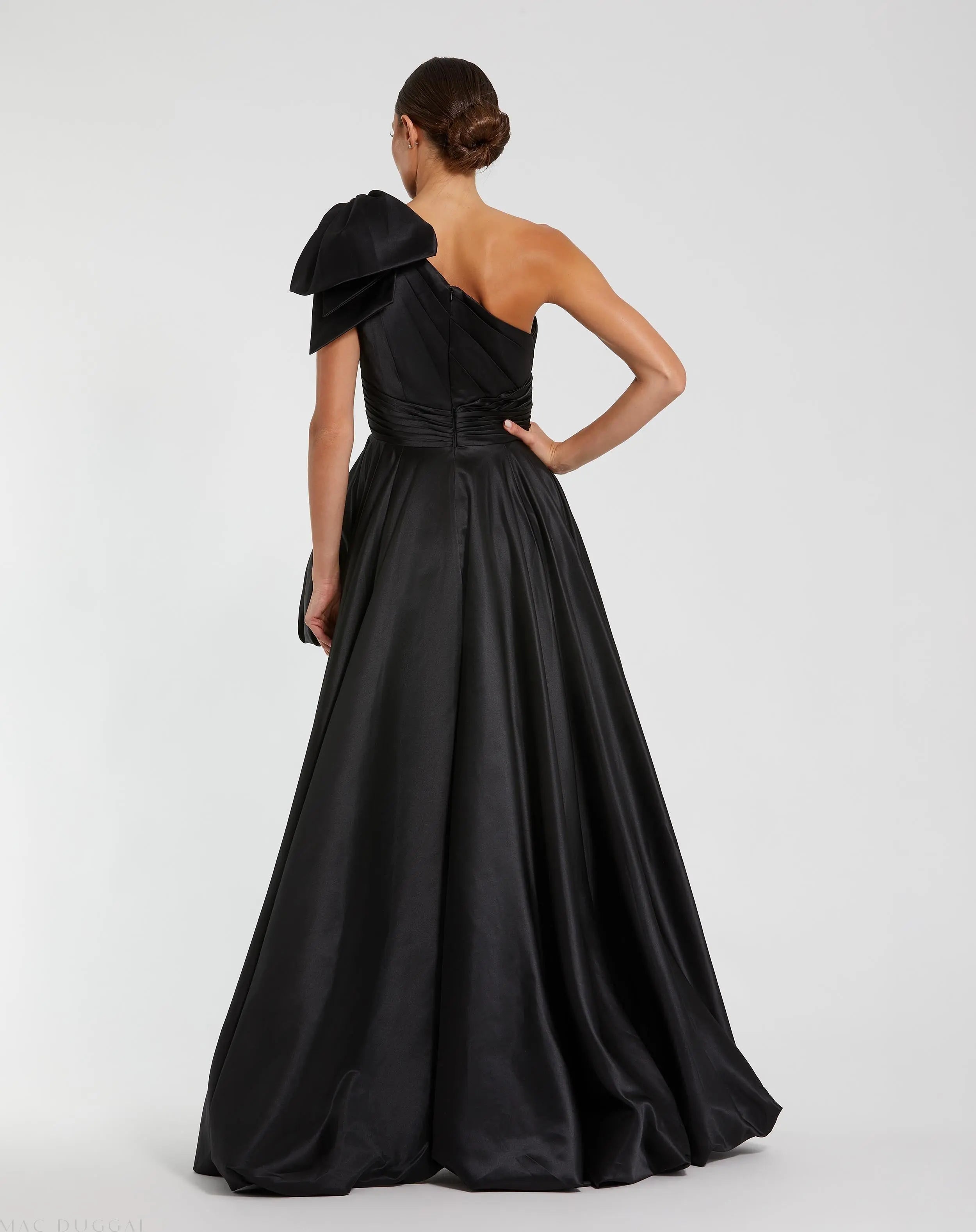 Black Satin One Shoulder Bow Gown - Mac Duggal