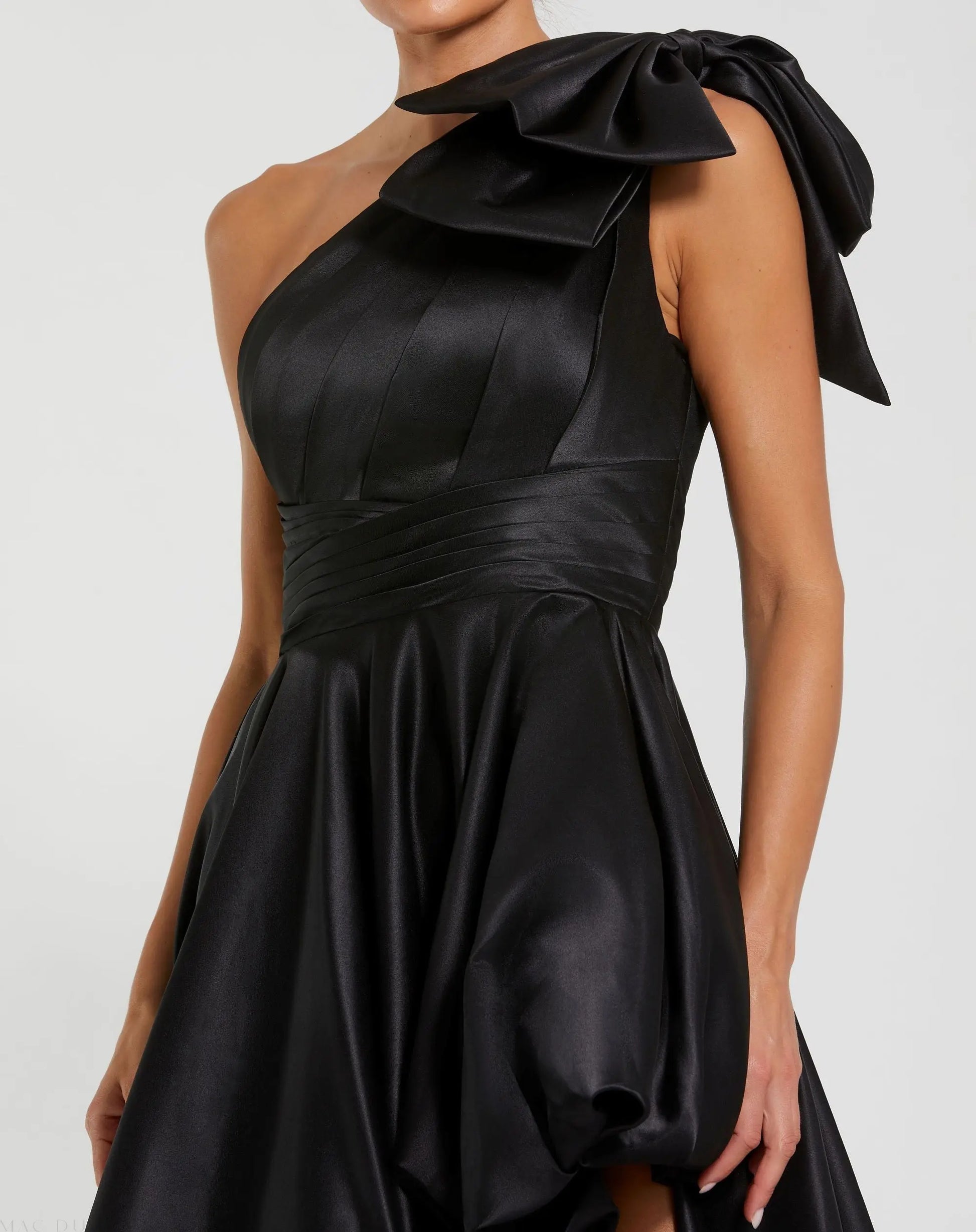 Black Satin One Shoulder Bow Gown | Mac Duggal Black Satin One Shoulder Bow Gown | Mac Duggal