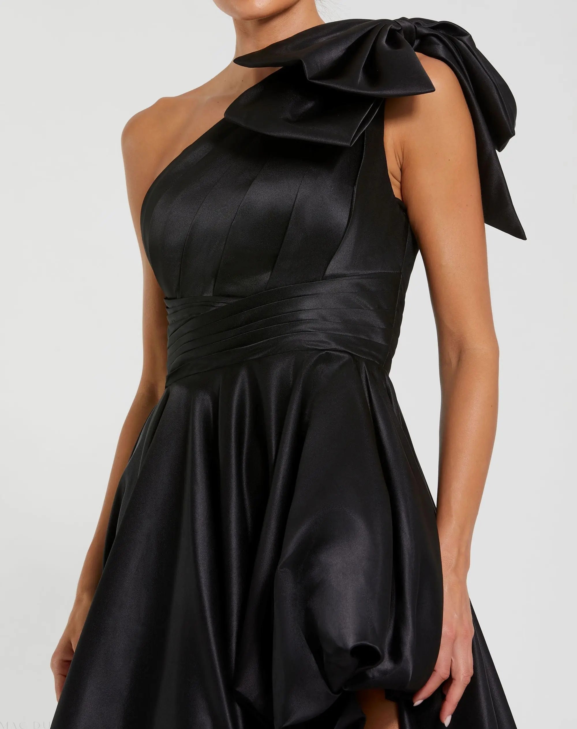 Black Satin One Shoulder Bow Gown - Mac Duggal