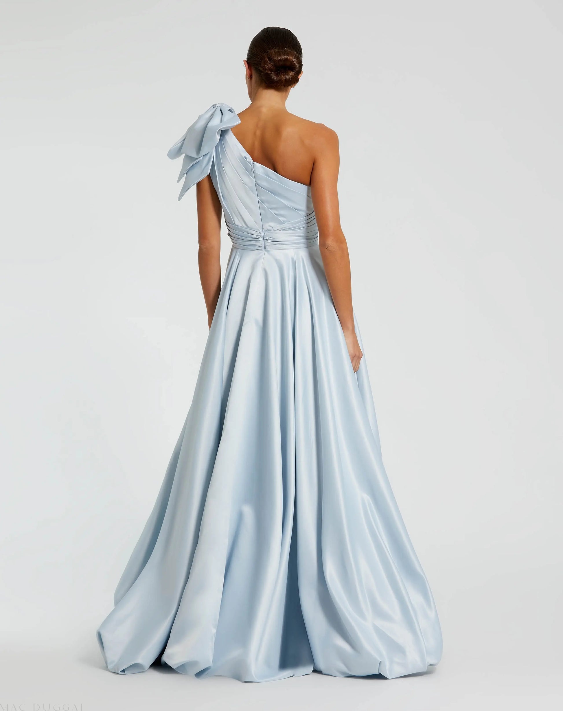 Blue Satin One Shoulder Bow Gown - Mac Duggal Blue Satin One Shoulder Bow Gown - Mac Duggal