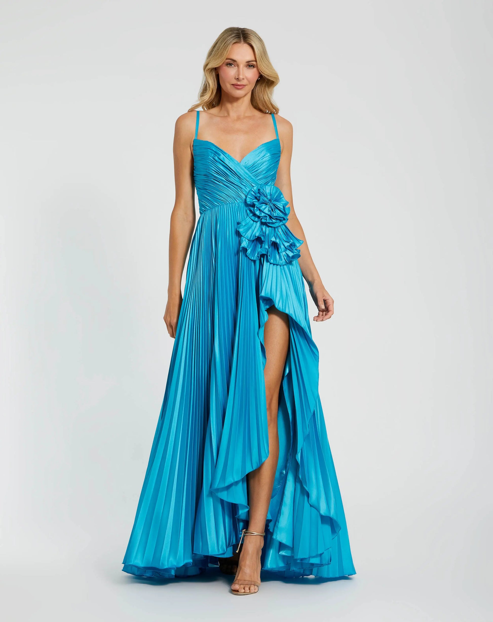 Blue Pleated High Low Gown With 3D Flower | Mac Duggal Blue Pleated High Low Gown With 3D Flower | Mac Duggal