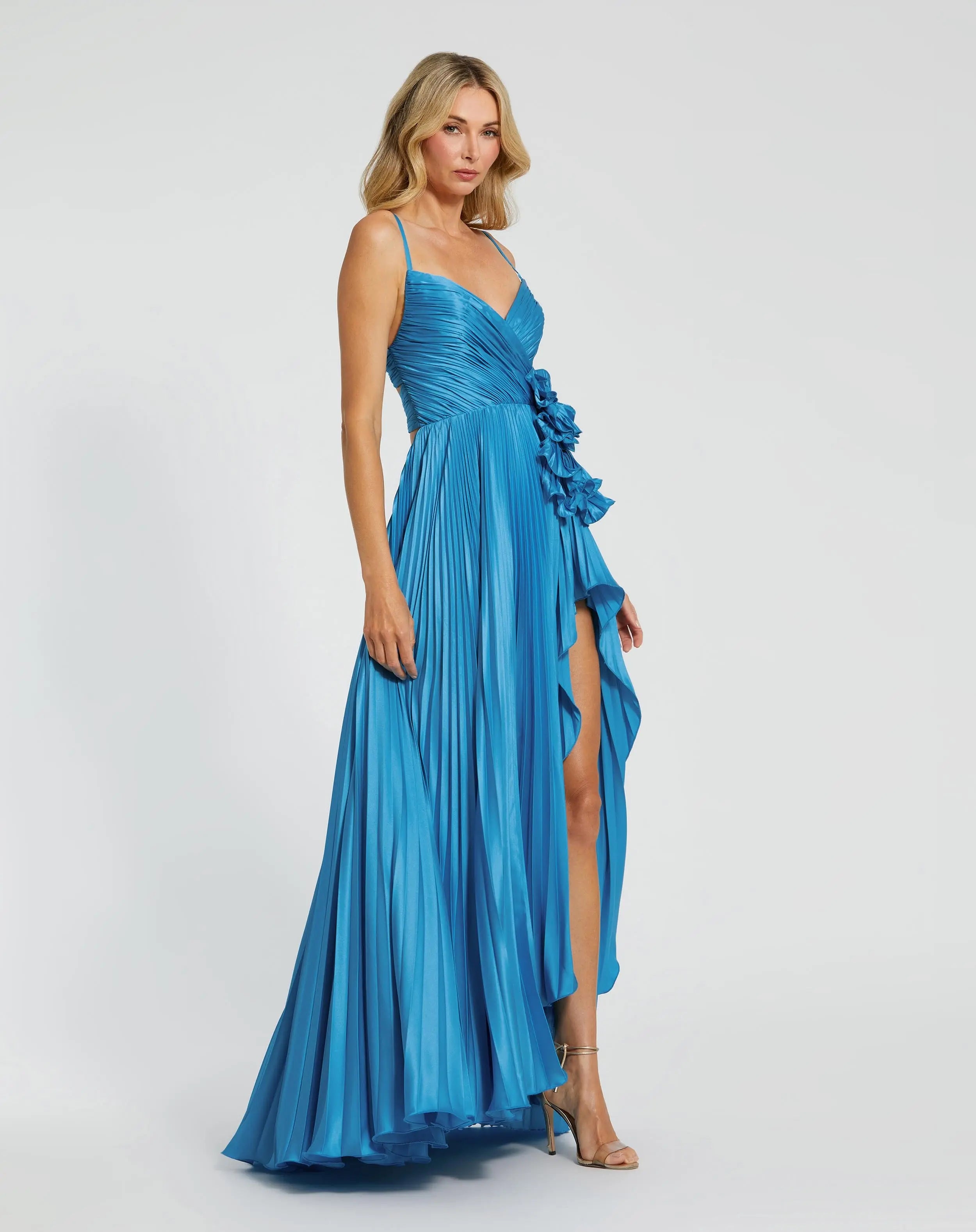 Blue Pleated High Low Gown with 3D Flower Ieena for Mac Duggal