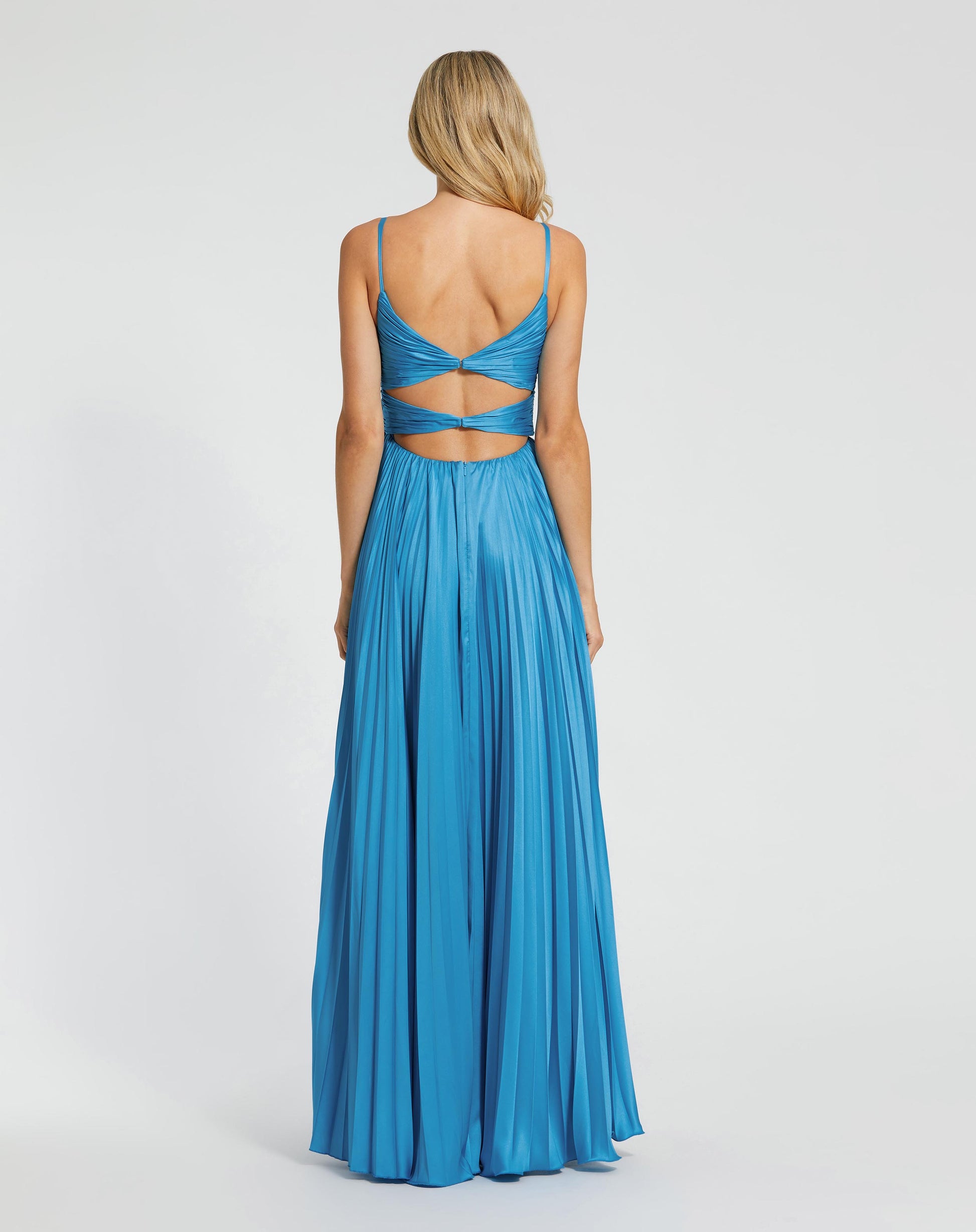 Blue Pleated High Low Gown with 3D Flower Ieena for Mac Duggal