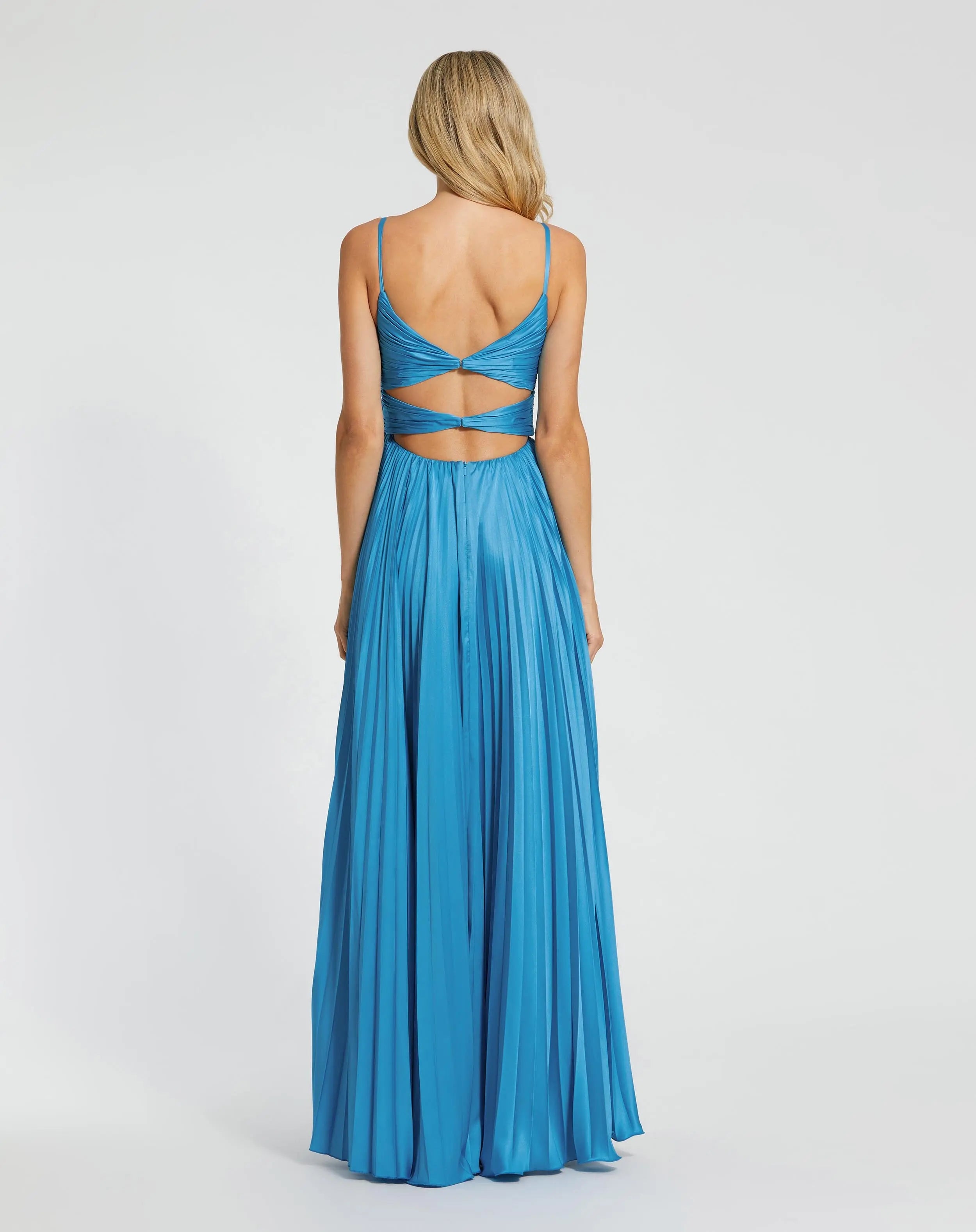 Blue Pleated High Low Gown with 3D Flower Ieena for Mac Duggal
