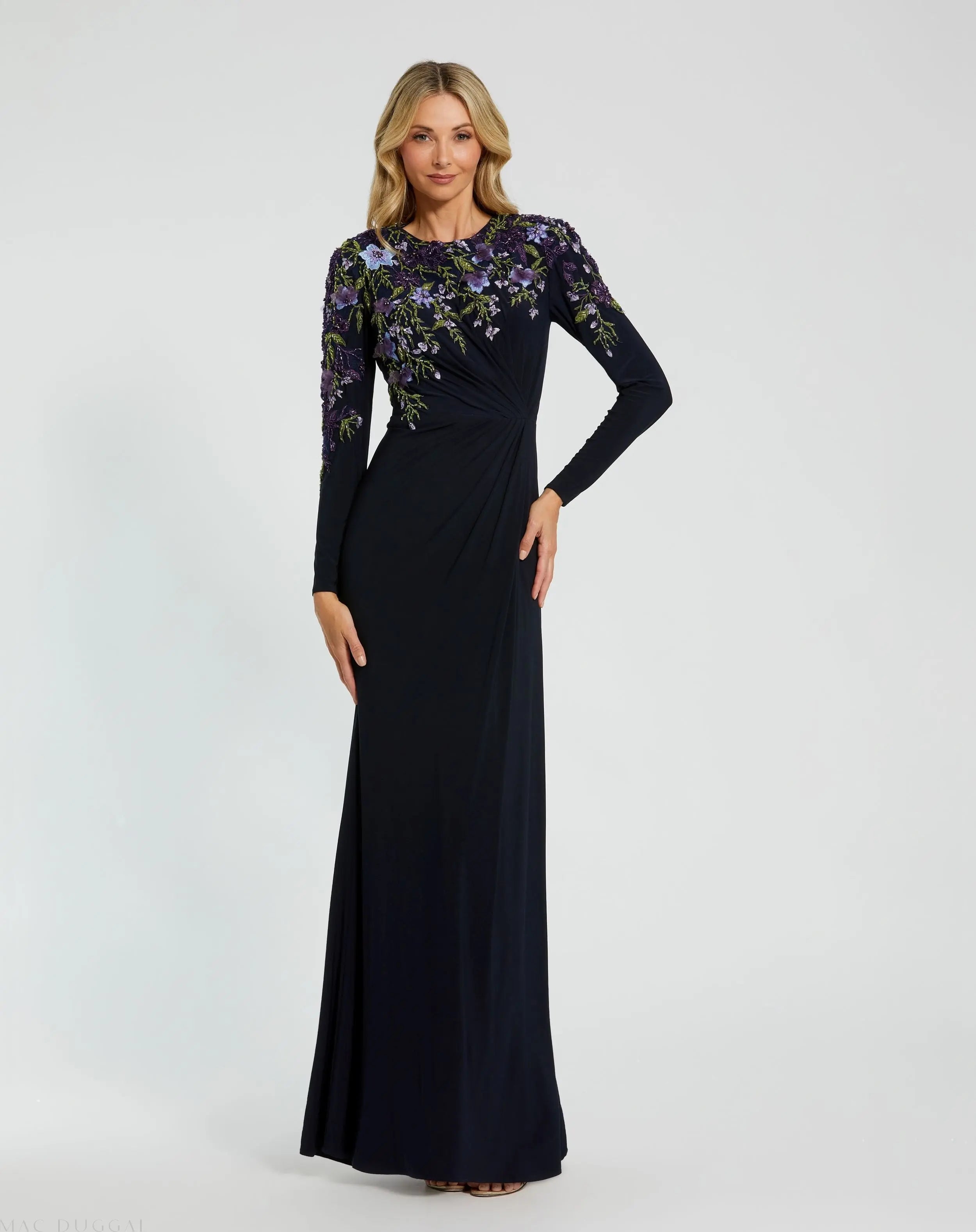 Navy Embellished Long Sleeve Fitted Jersey Gown - Mac Duggal