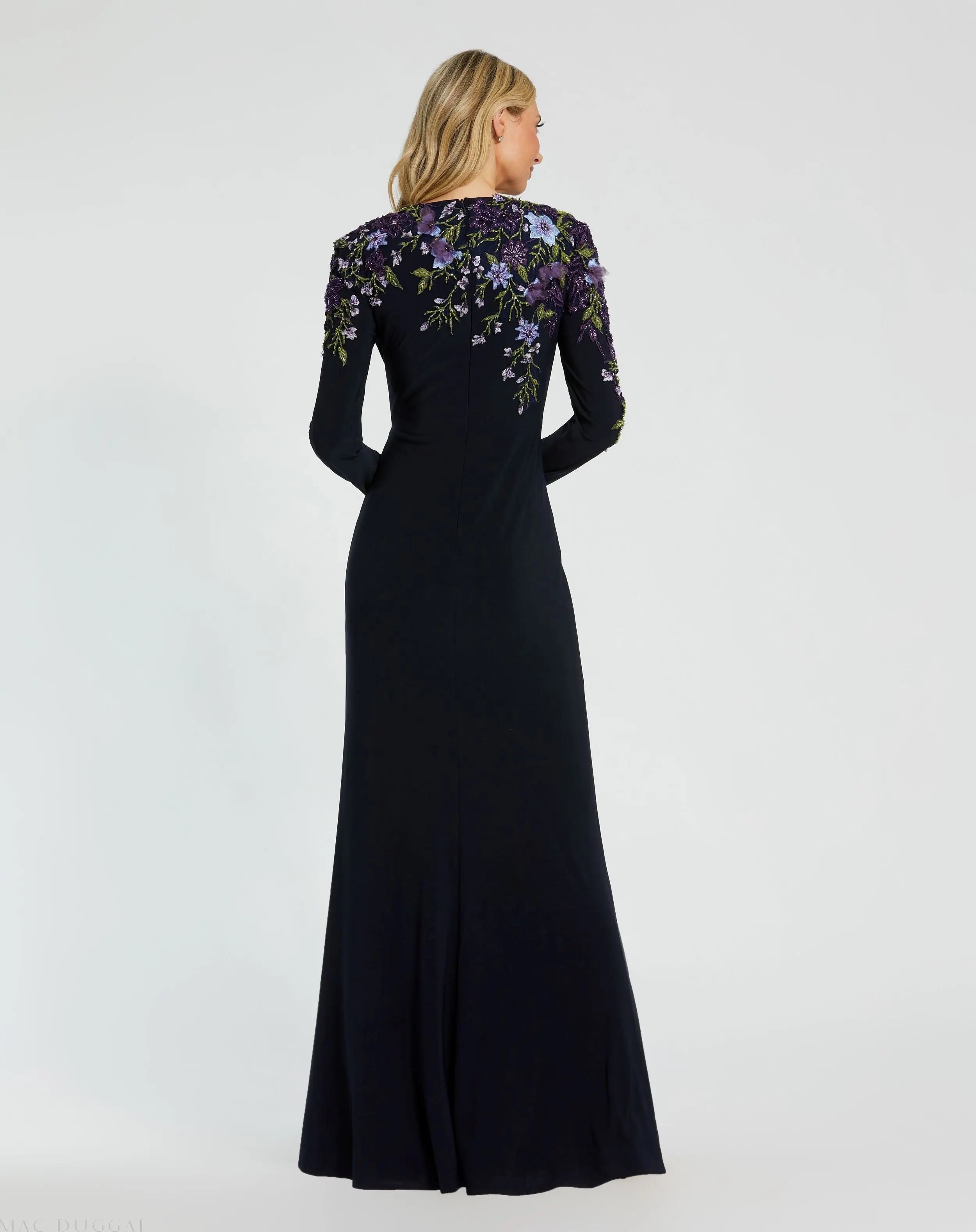 Navy Embellished Long Sleeve Fitted Jersey Gown - Mac Duggal
