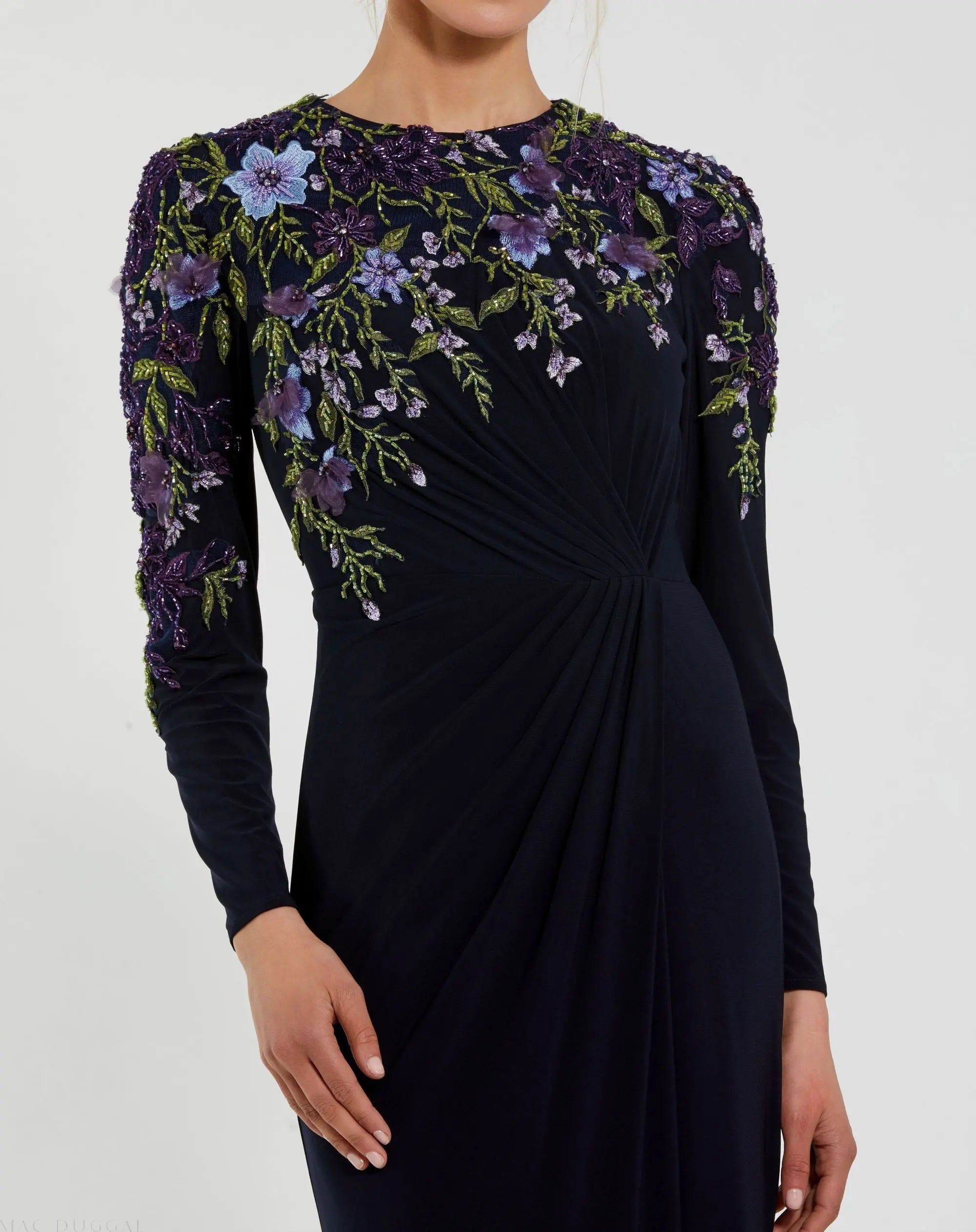 Navy Embellished Long Sleeve Fitted Jersey Gown - Mac Duggal