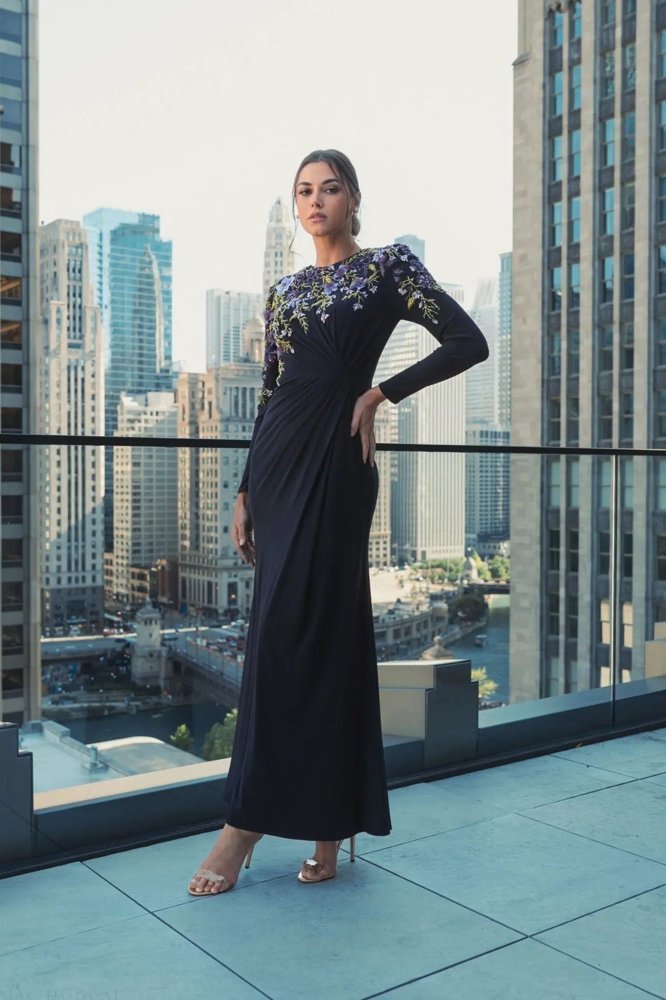 Navy Embellished Long Sleeve Fitted Jersey Gown - Mac Duggal