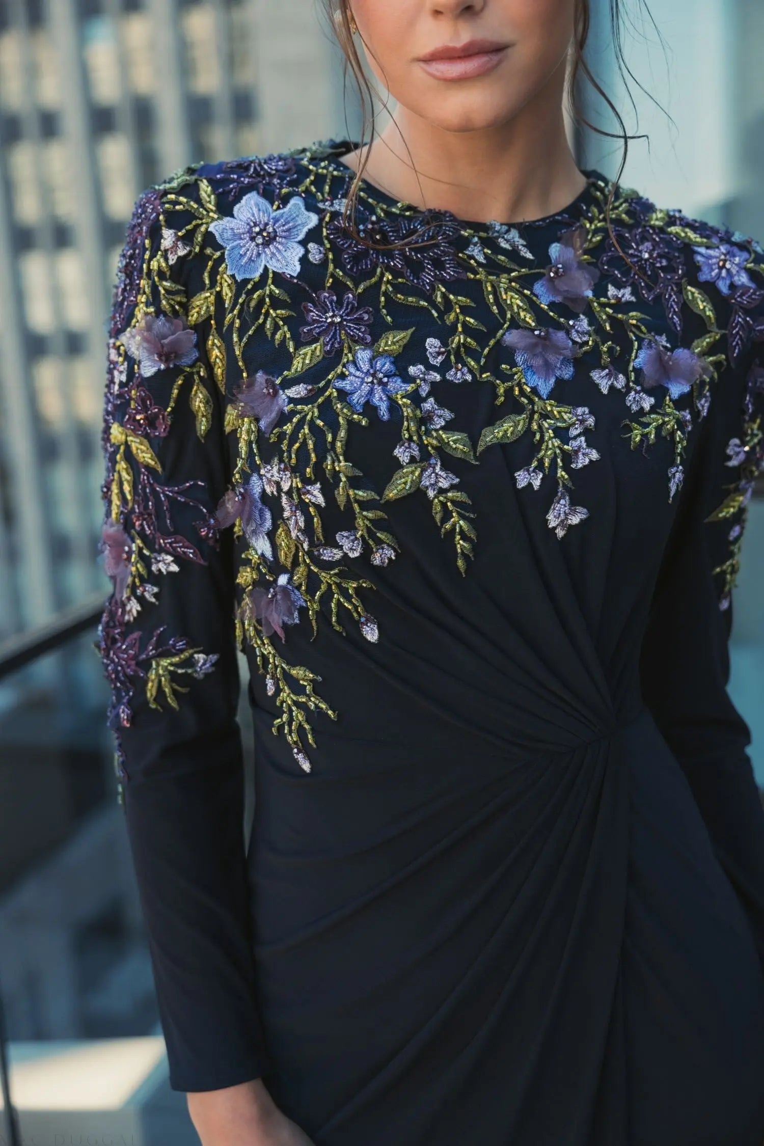 Navy Embellished Long Sleeve Fitted Jersey Gown Navy Embellished Long Sleeve Fitted Jersey Gown