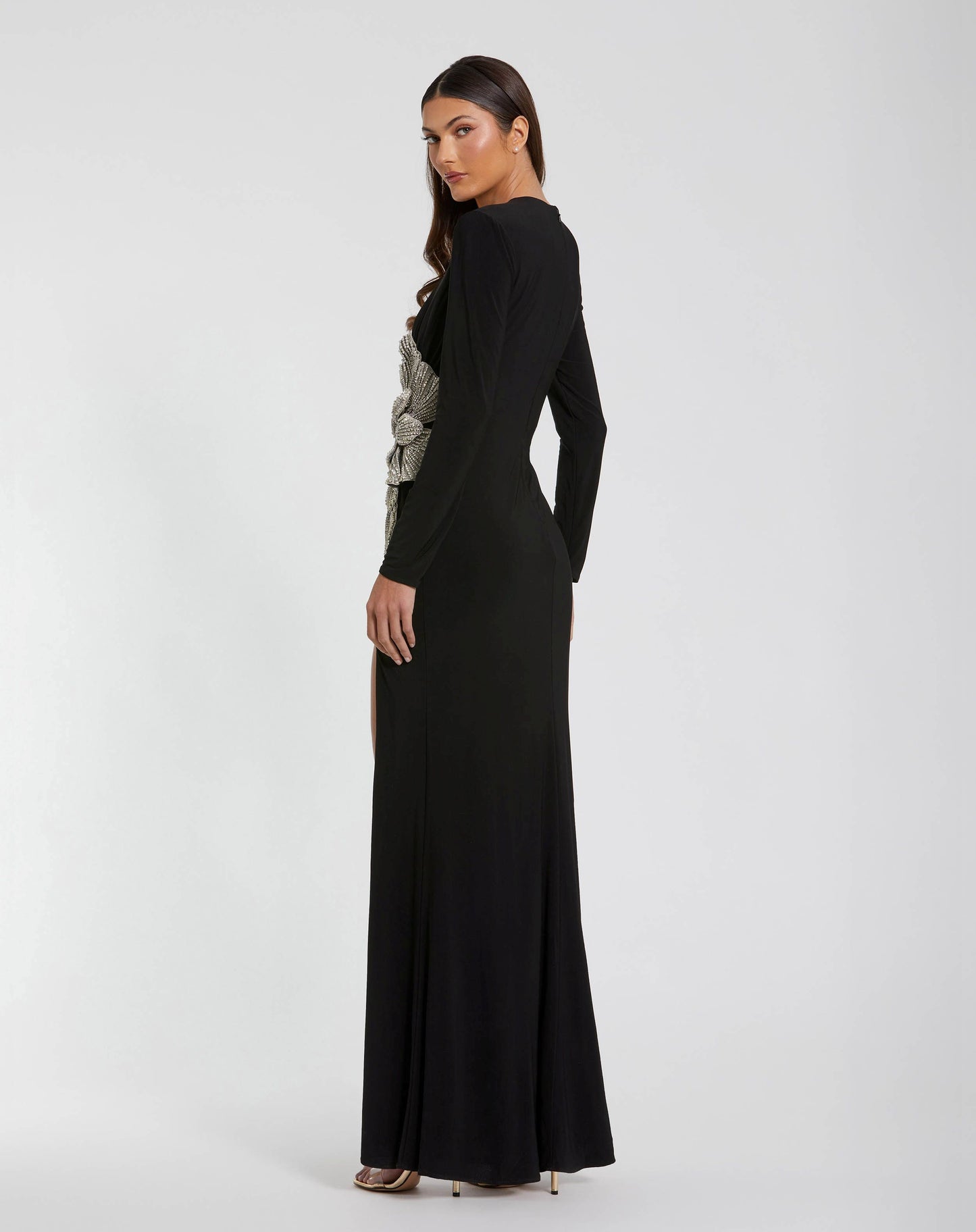 Black Jersey Gown With Embellished Flower