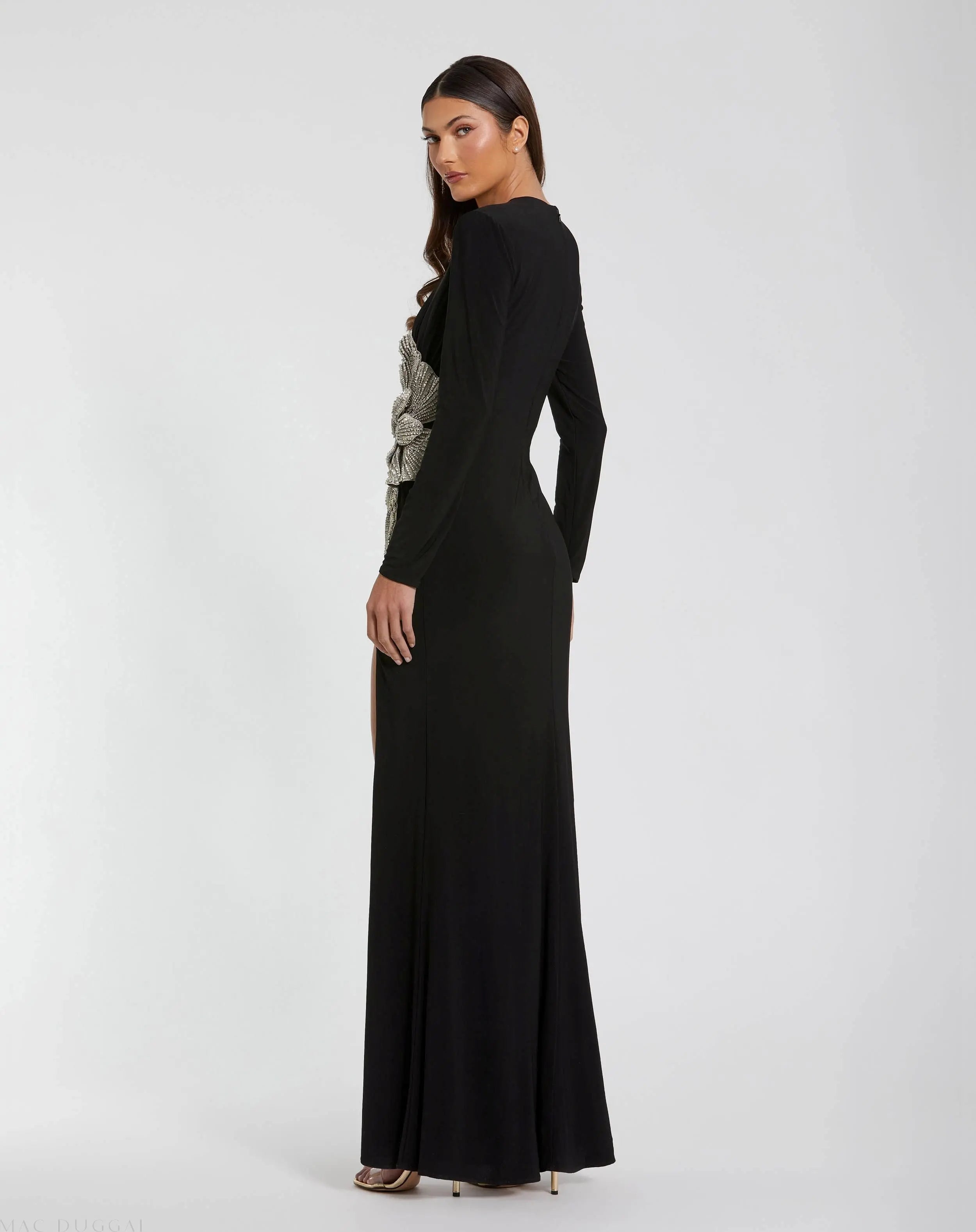 Black Jersey Gown With Embellished Flower - Mac Duggal