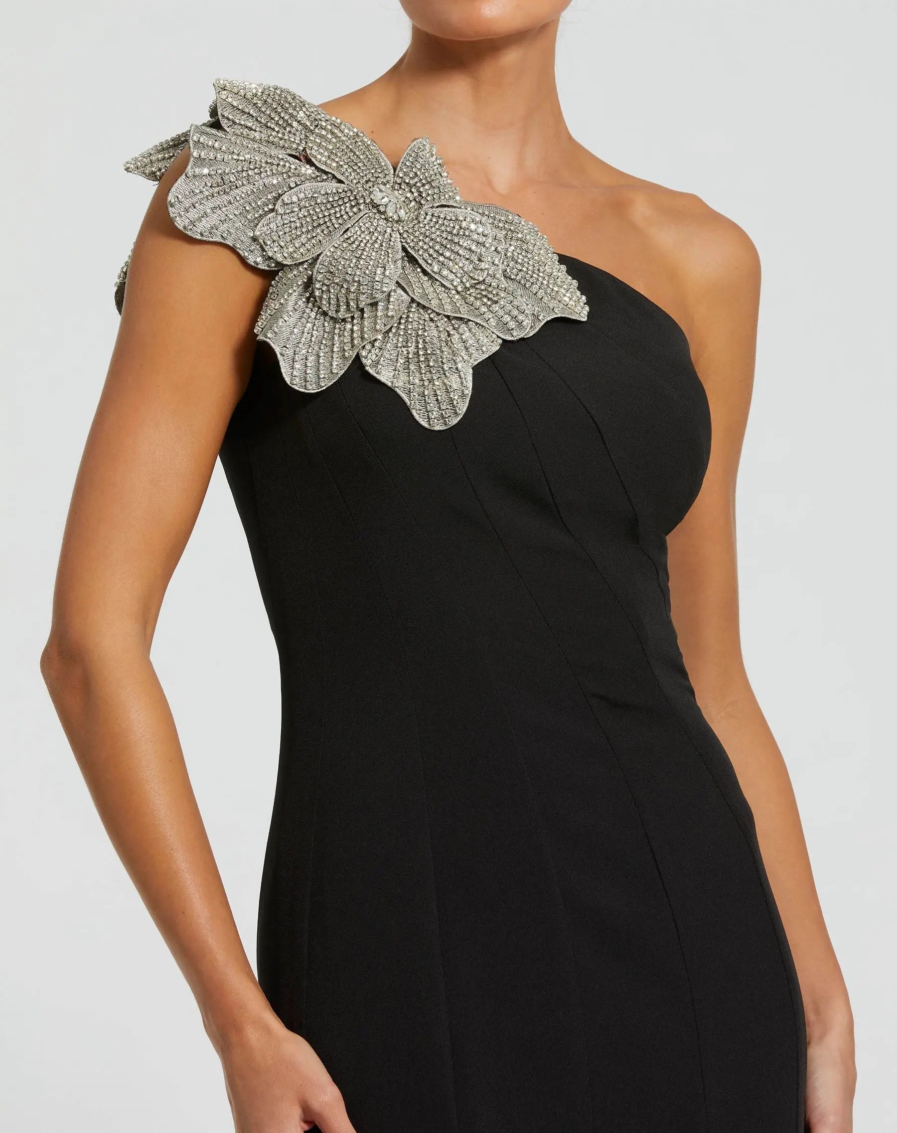 Mac Duggal - Black Crepe One Shoulder Gown with Crystal Flower - US 12 Mac Duggal - Black Crepe One Shoulder Gown with Crystal Flower - US 12