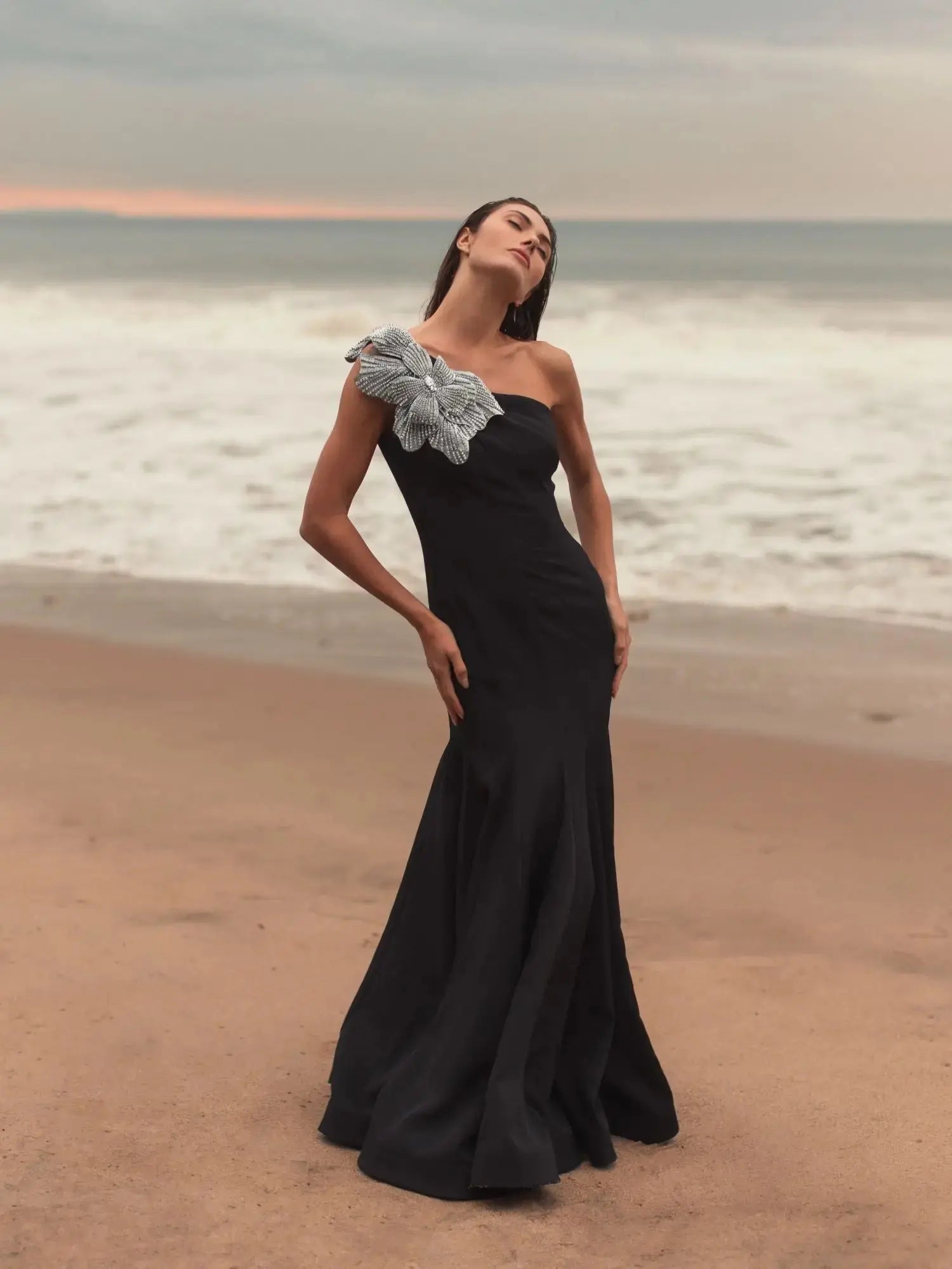 Black Petite Crepe One Shoulder Mermaid Gown With Flower Mac Duggal