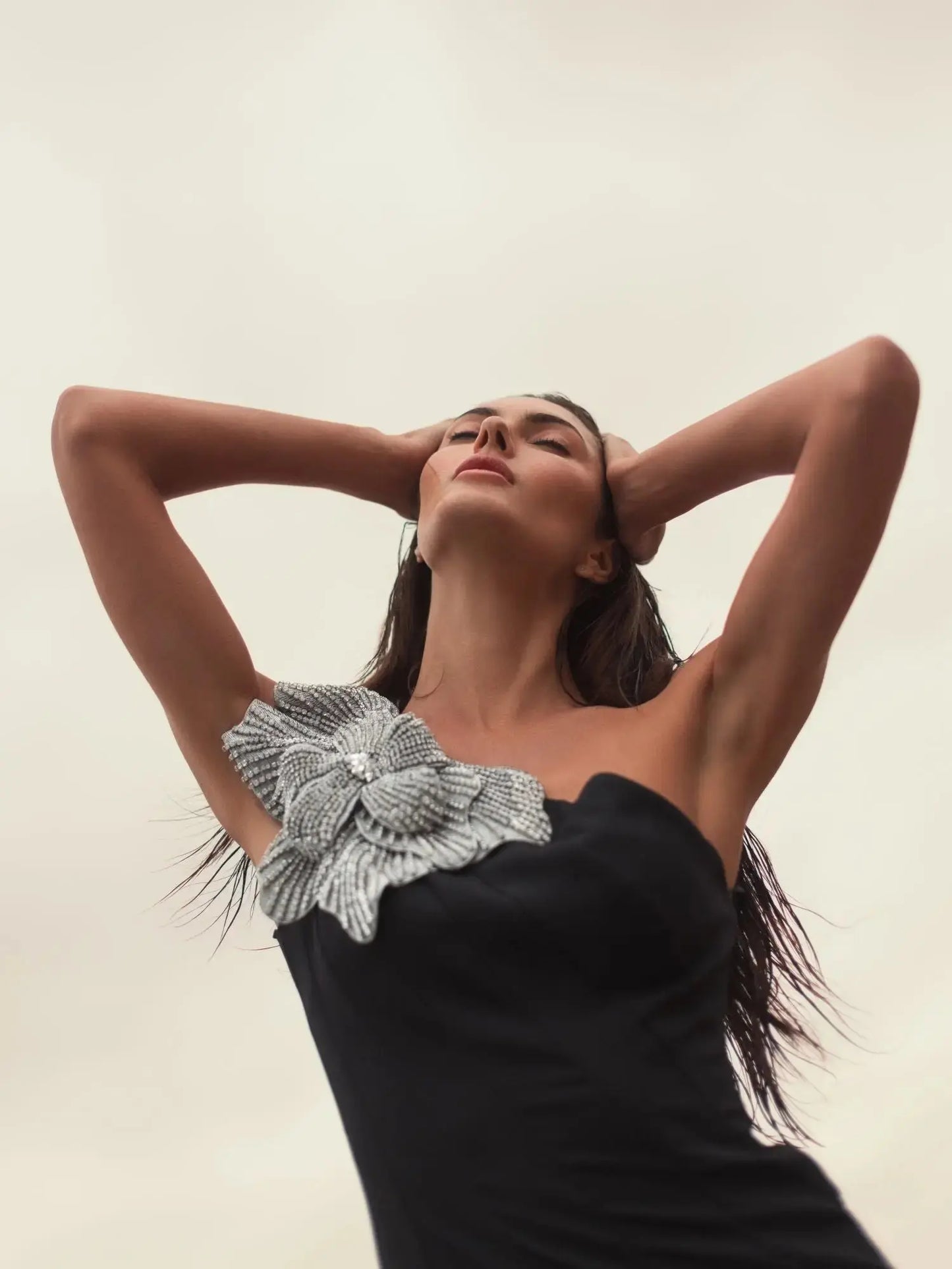 Black Petite Crepe One Shoulder Mermaid Gown With Flower Mac Duggal