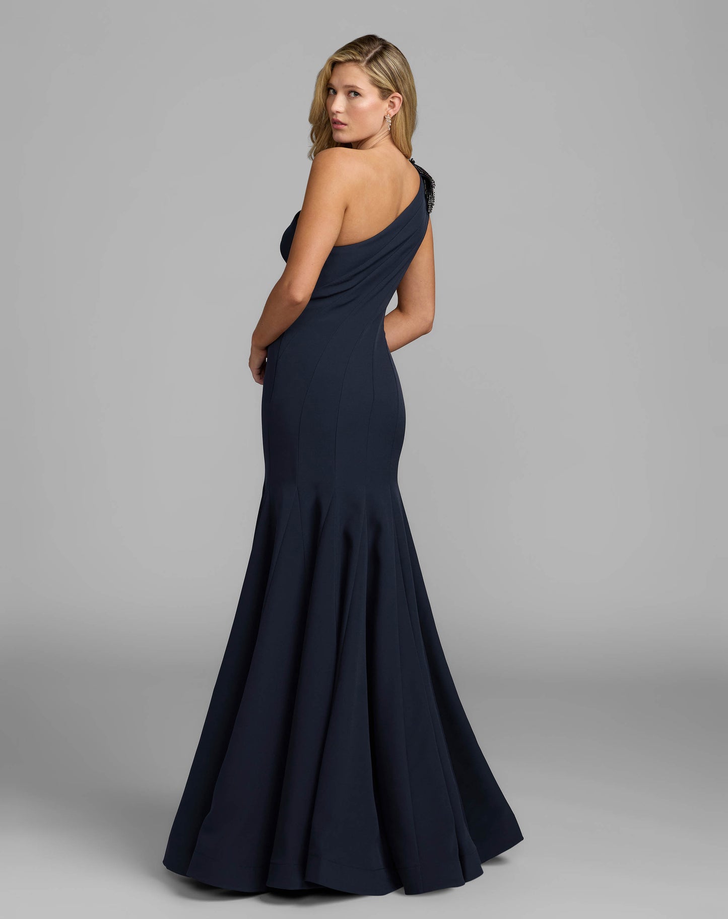 Navy Crepe One Shoulder Gown With Crystal Flower - Mac Duggal
