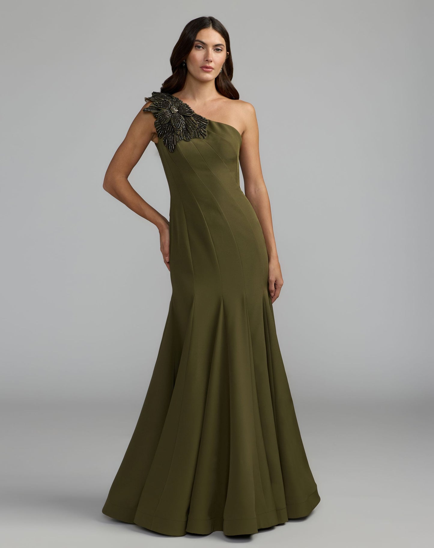 Green Crepe One Shoulder Gown With Crystal Flower - Mac Duggal