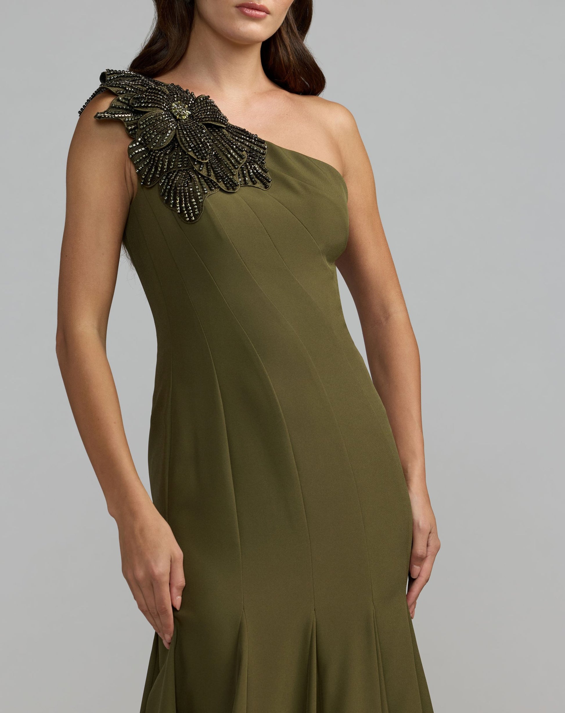 Green Crepe One Shoulder Gown With Crystal Flower - Mac Duggal