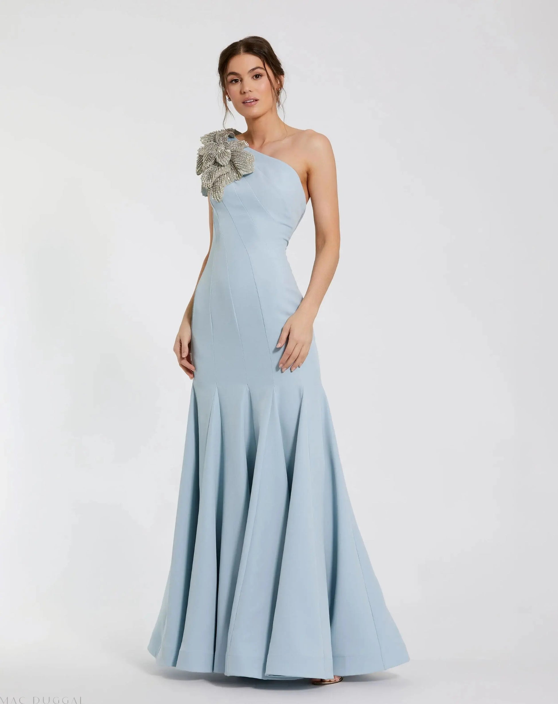 Blue Crepe One Shoulder Gown With Crystal Flower | Mac Duggal Blue Crepe One Shoulder Gown With Crystal Flower | Mac Duggal