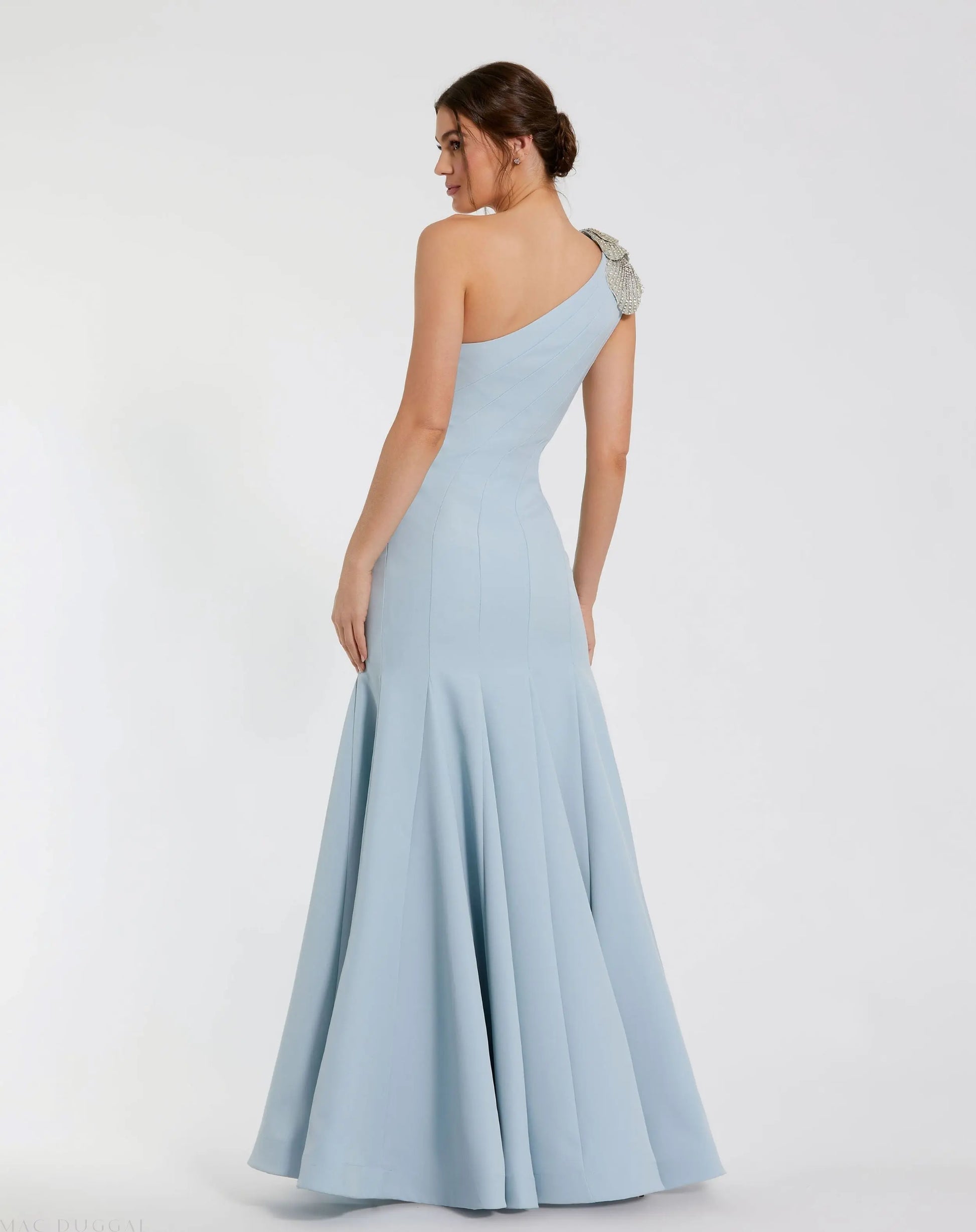 Blue Crepe One Shoulder Gown With Crystal Flower | Mac Duggal Blue Crepe One Shoulder Gown With Crystal Flower | Mac Duggal