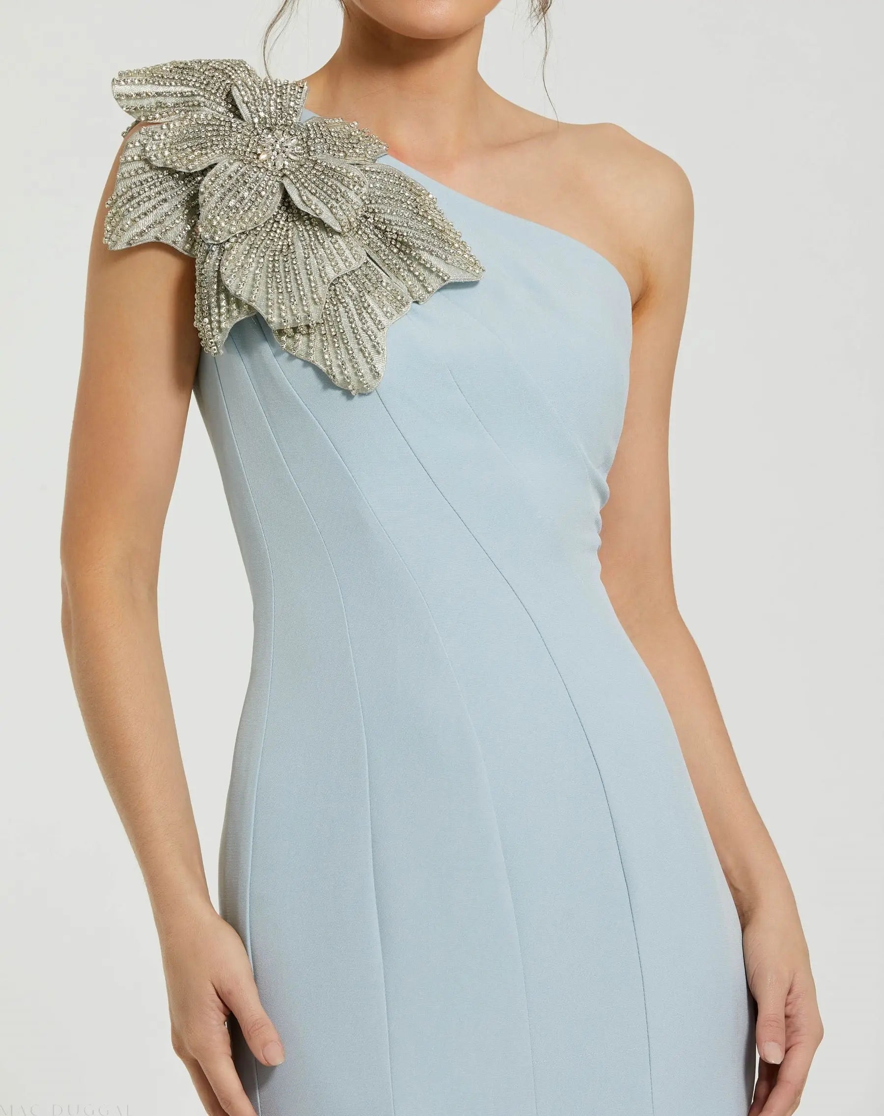 Blue Crepe One Shoulder Gown With Crystal Flower - Mac Duggal