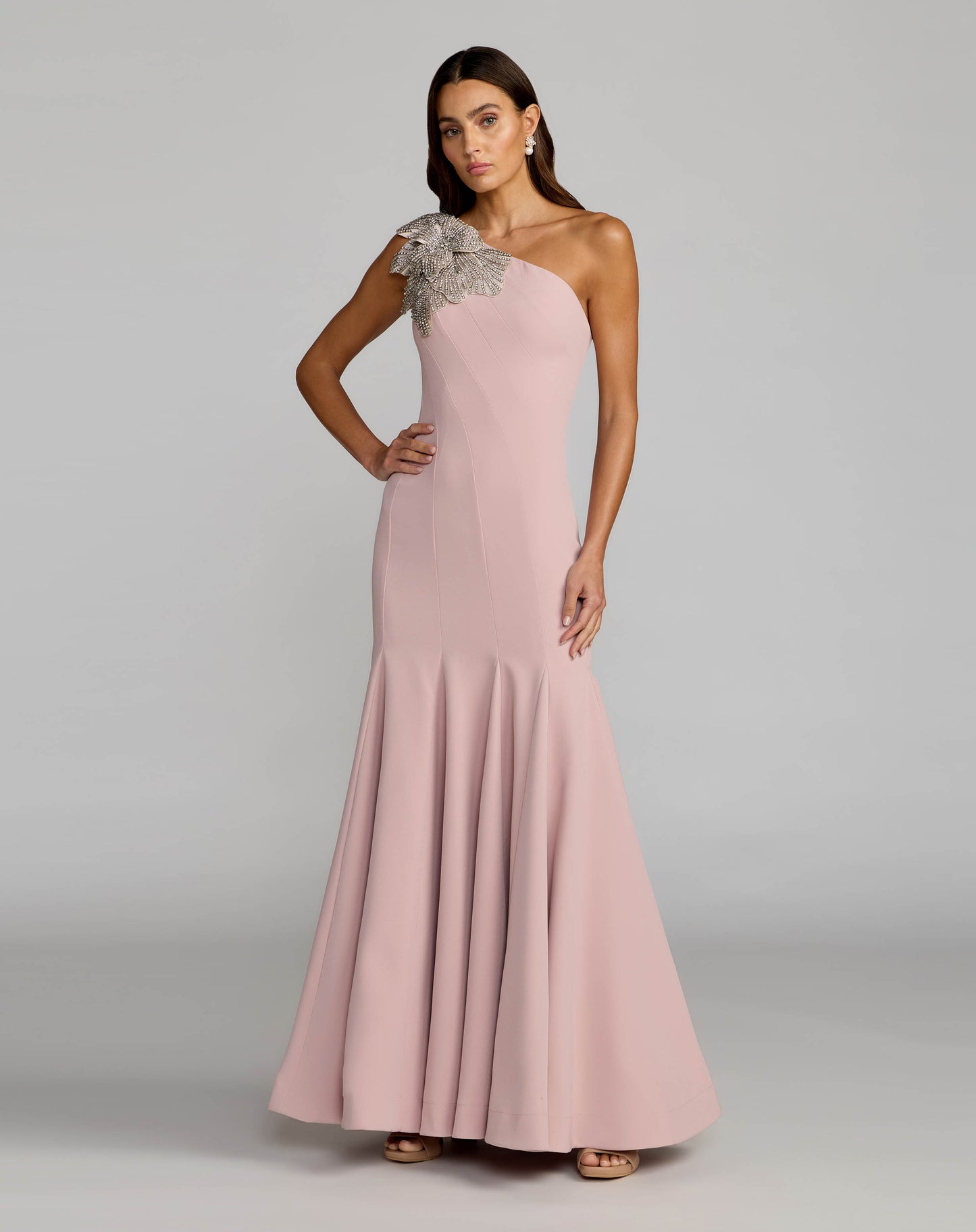 Pink Crepe One Shoulder Gown With Crystal Flower Mac Duggal