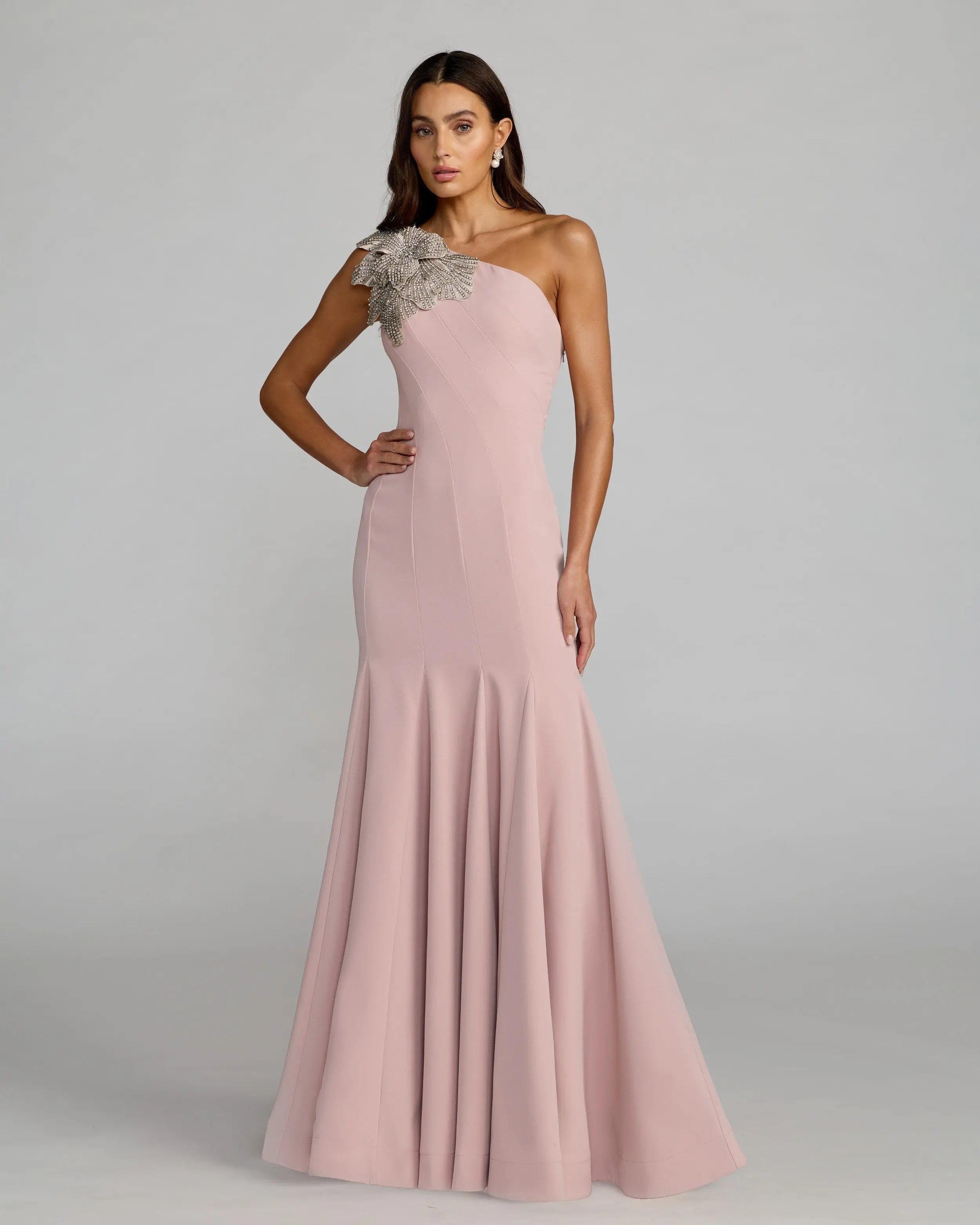 Pink Crepe One Shoulder Gown With Crystal Flower - Mac Duggal