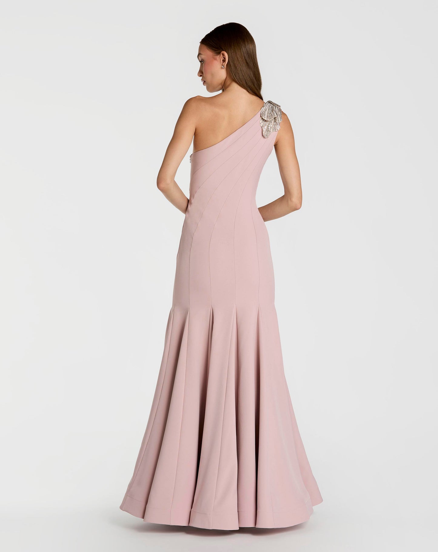 Pink Crepe One Shoulder Gown With Crystal Flower Mac Duggal