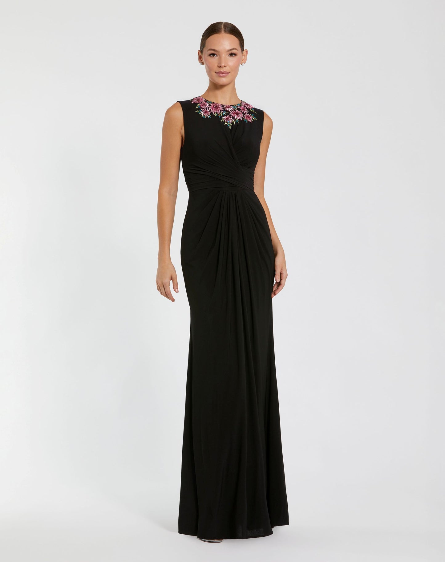 Black Jersey Twist Gown With Embellished Neckline - Ieena for Mac Duggal