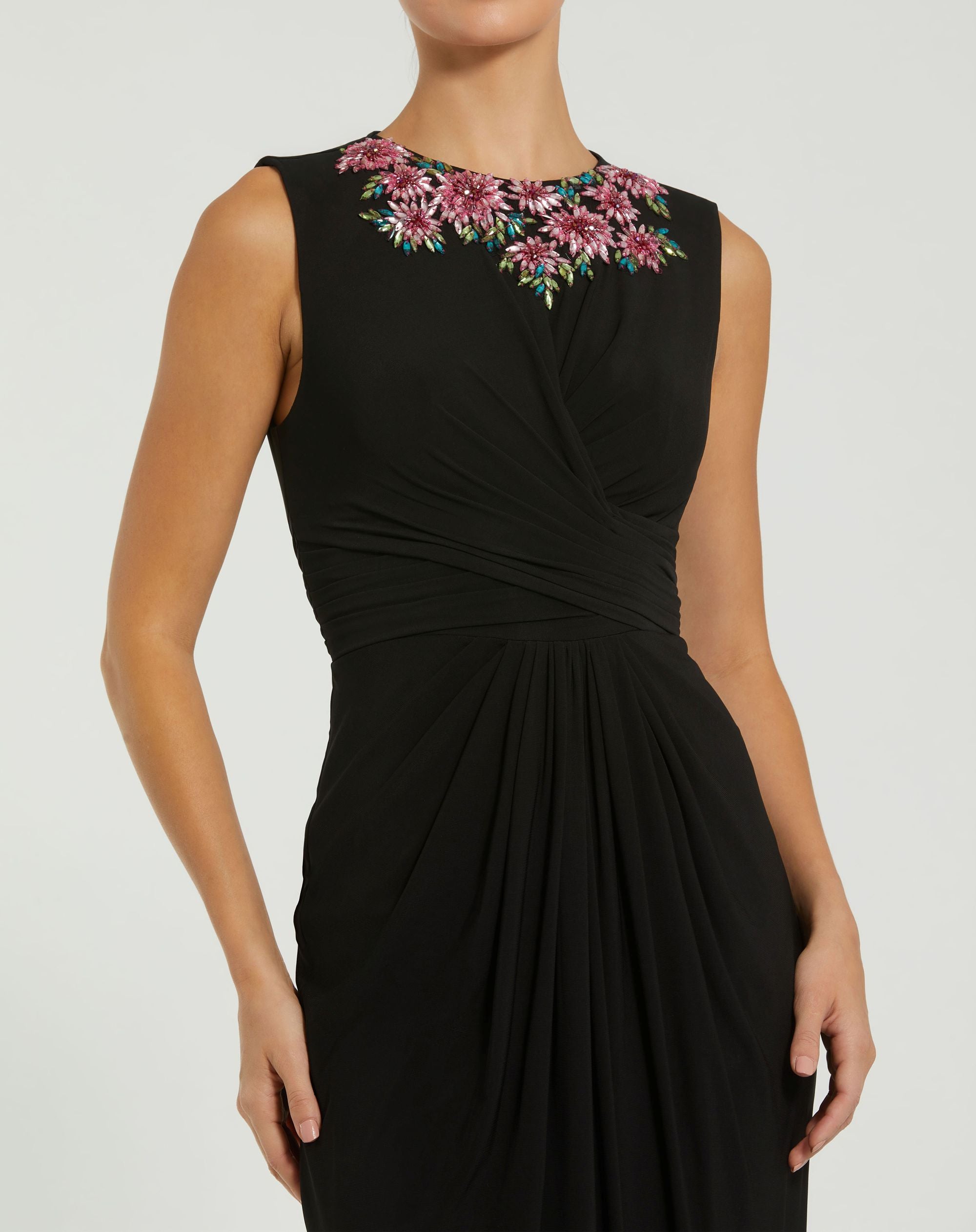Black Jersey Twist Gown With Embellished Neckline - Ieena for Mac Duggal