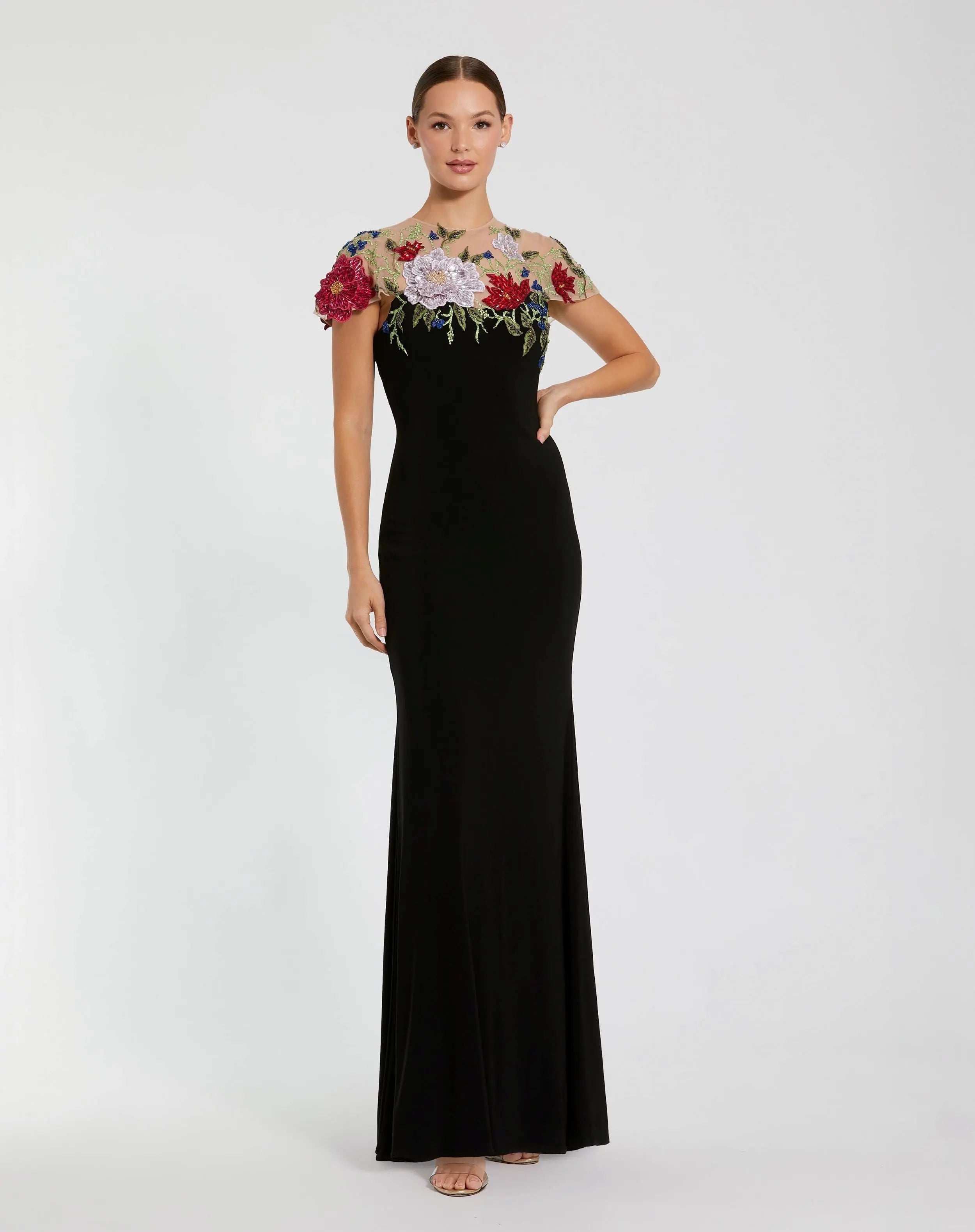Black Floral Embellished Jersey Column Gown - Mac Duggal