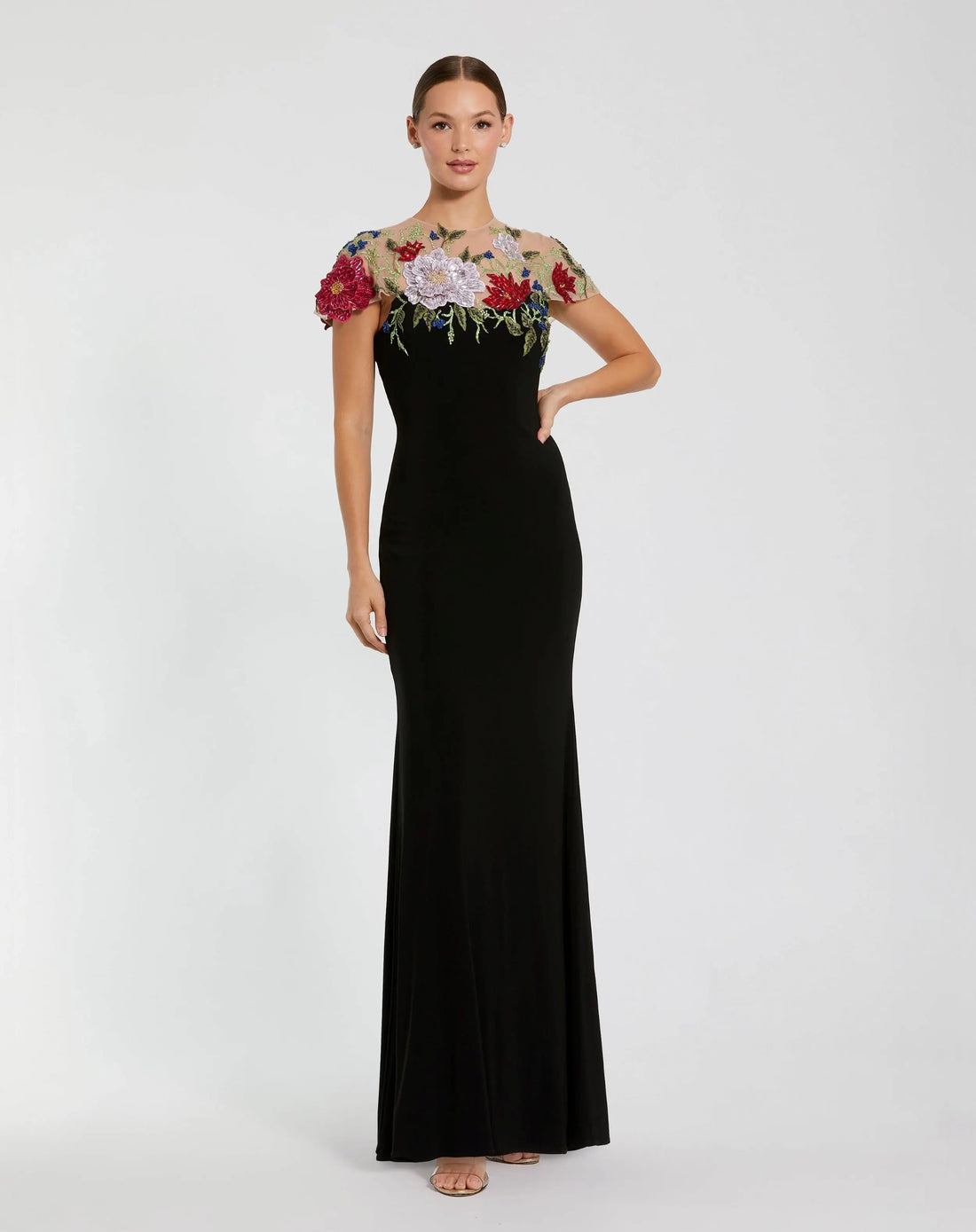 Black Floral Embellished Jersey Column Gown | Mac Duggal Black Floral Embellished Jersey Column Gown | Mac Duggal