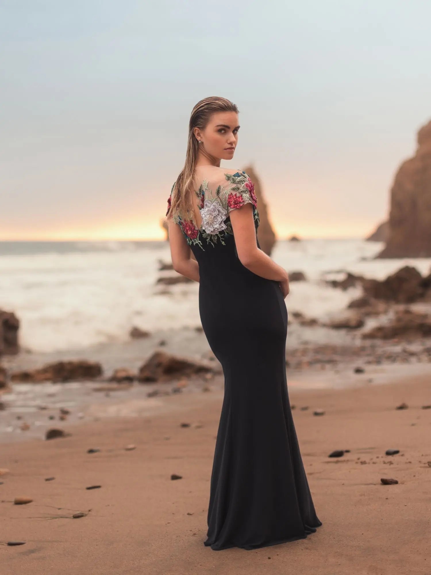 Black Floral Embellished Jersey Column Gown | Mac Duggal Black Floral Embellished Jersey Column Gown | Mac Duggal