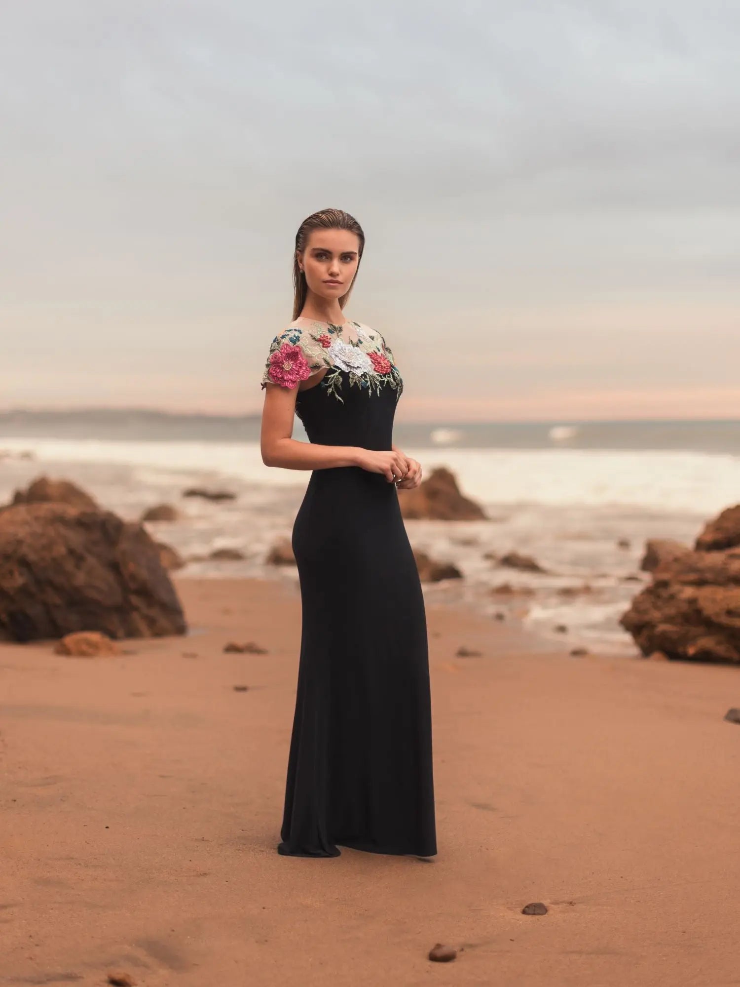 Black Floral Embellished Jersey Column Gown Black Floral Embellished Jersey Column Gown