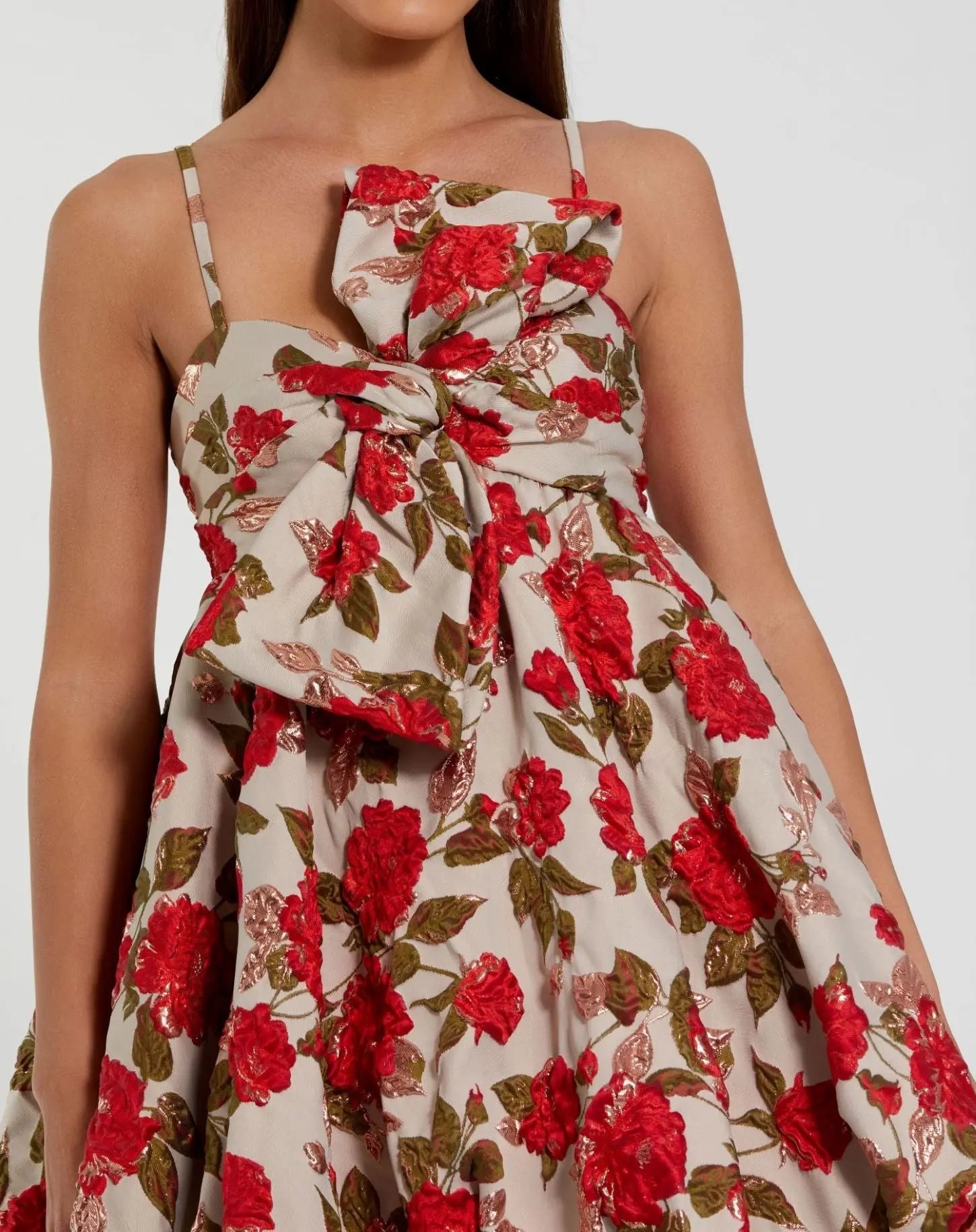 Multicolor Brocade Bubble Skirt Mini Dress with Bow - Mac Duggal