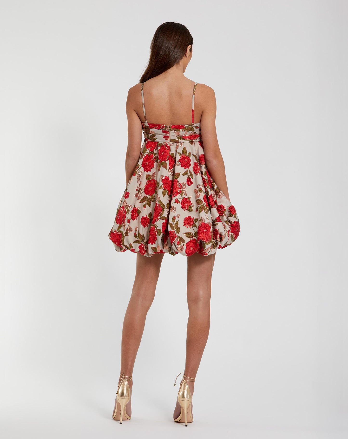 Brocade Thin Strap Puff Mini Dress With Bow