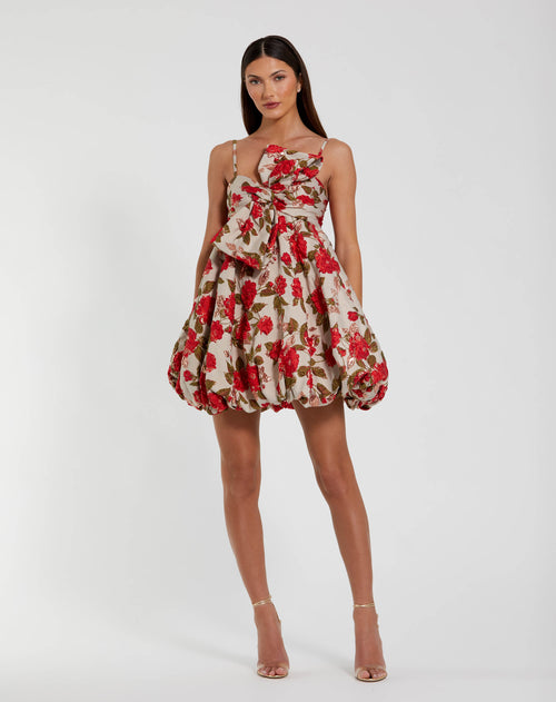 Brocade Thin Strap Puff Mini Dress With Bow