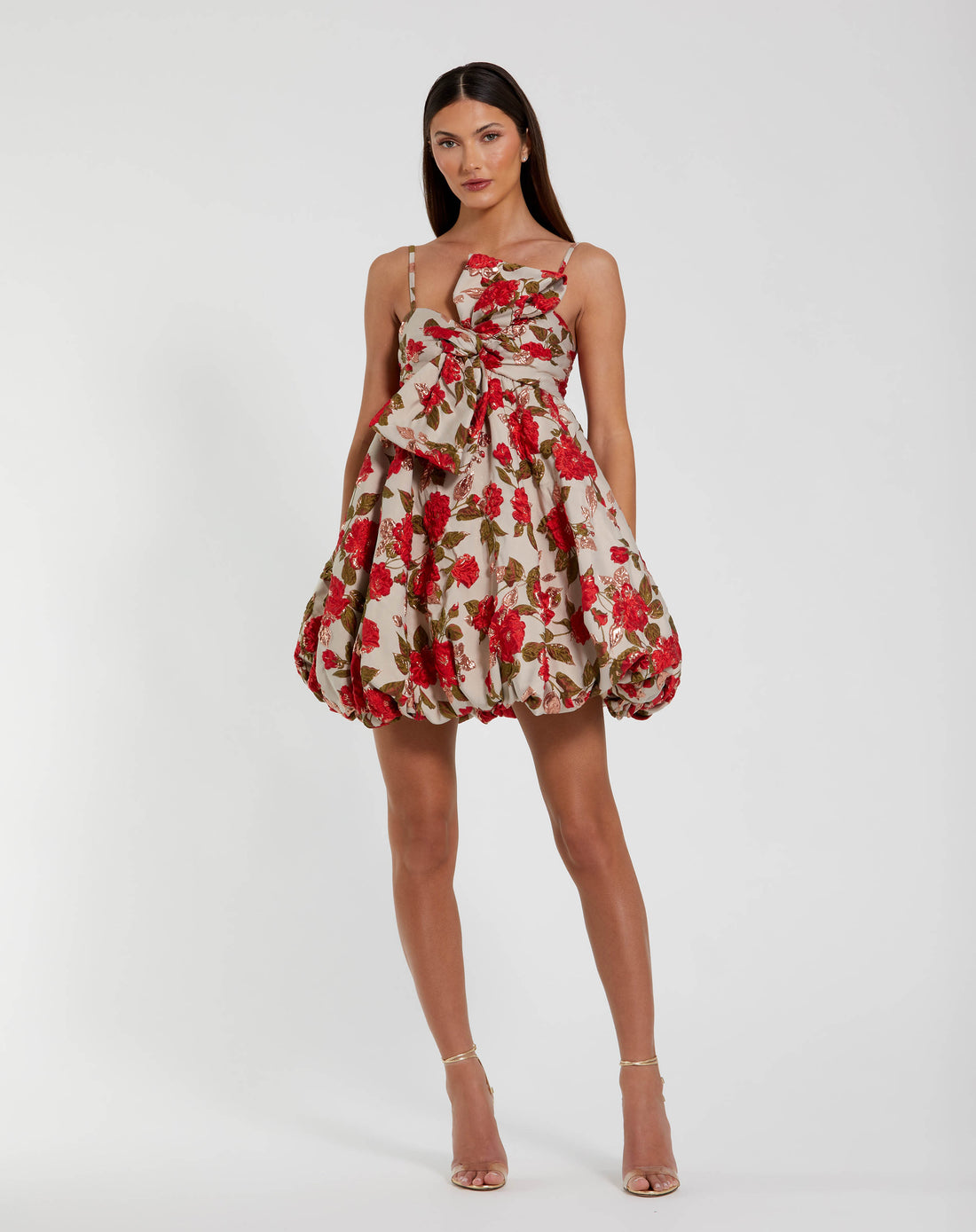 Brocade Thin Strap Puff Mini Dress With Bow