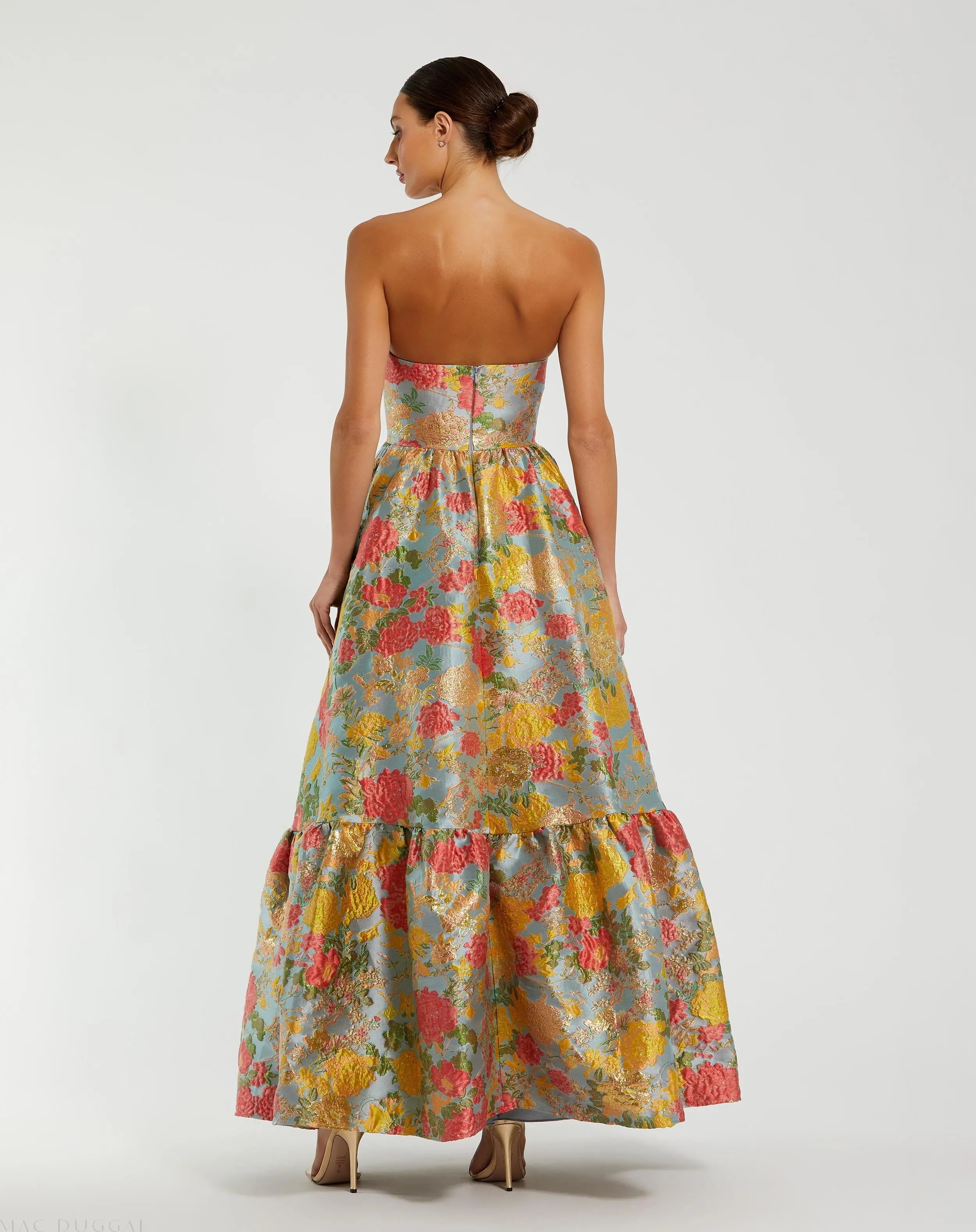 Multicolor Strapless Floral Brocade Dress with Ruffles - Mac Duggal