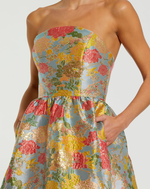 Strapless Brocade Floral Gown With Ruffle Hem