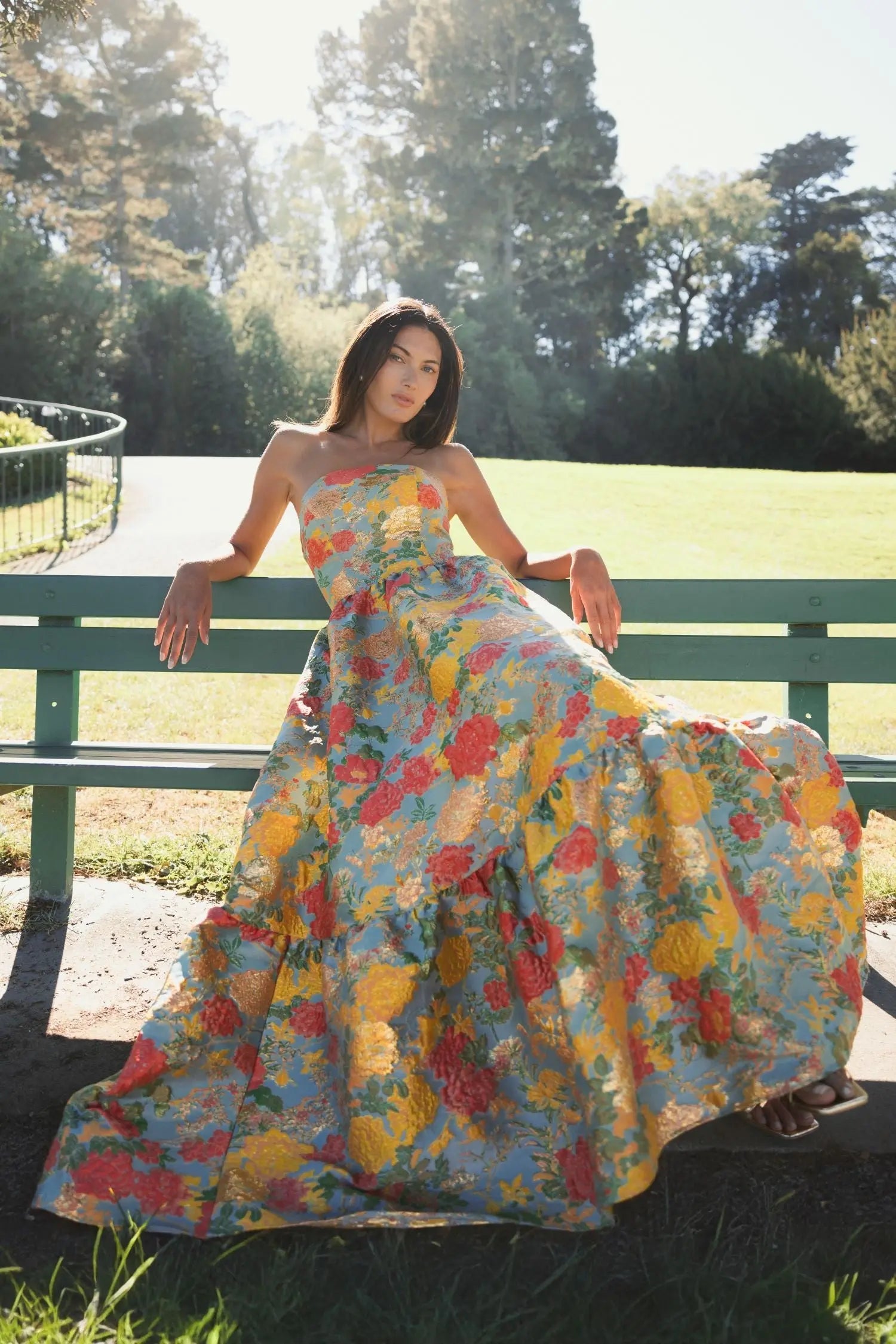 Multicolor Strapless Floral Brocade Dress with Ruffles Multicolor Strapless Floral Brocade Dress with Ruffles