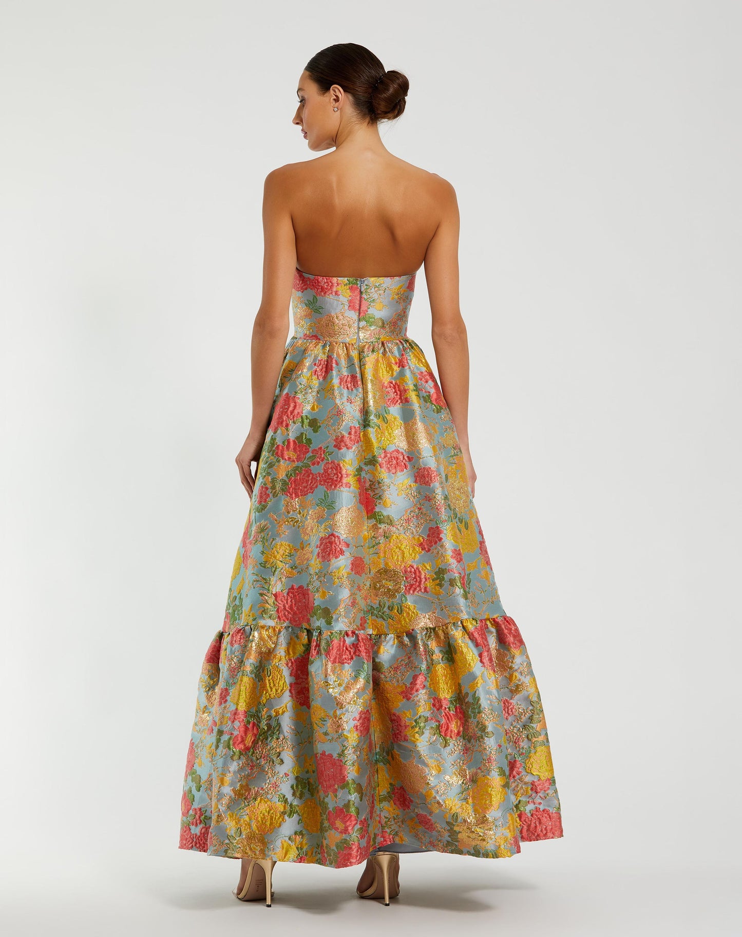 Strapless Brocade Floral Gown With Ruffle Hem