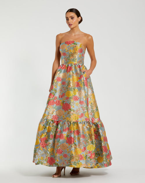 Strapless Brocade Floral Gown With Ruffle Hem