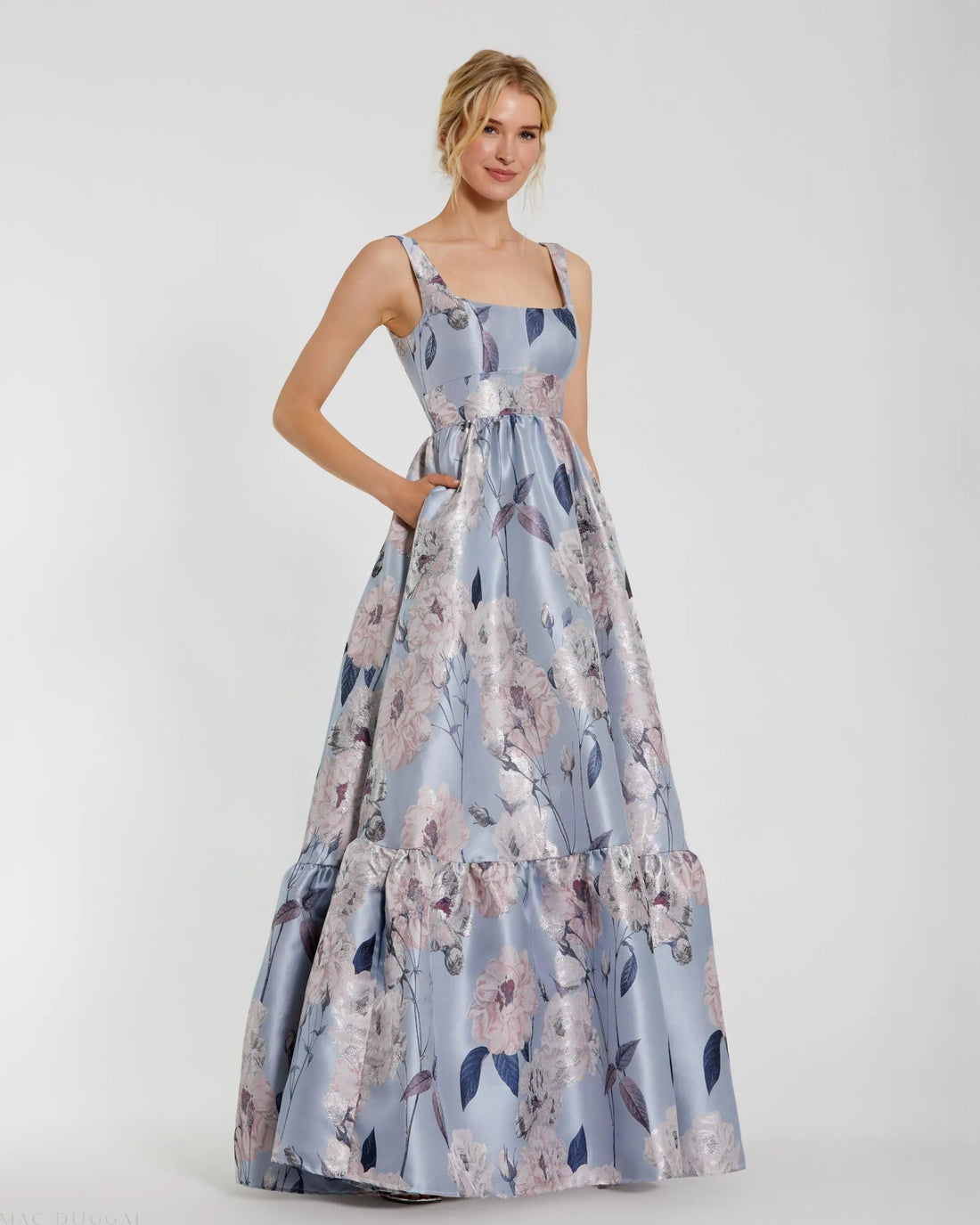 Blue Floral Printed Satin Gown with Pockets | Mac Duggal Blue Floral Printed Satin Gown with Pockets | Mac Duggal