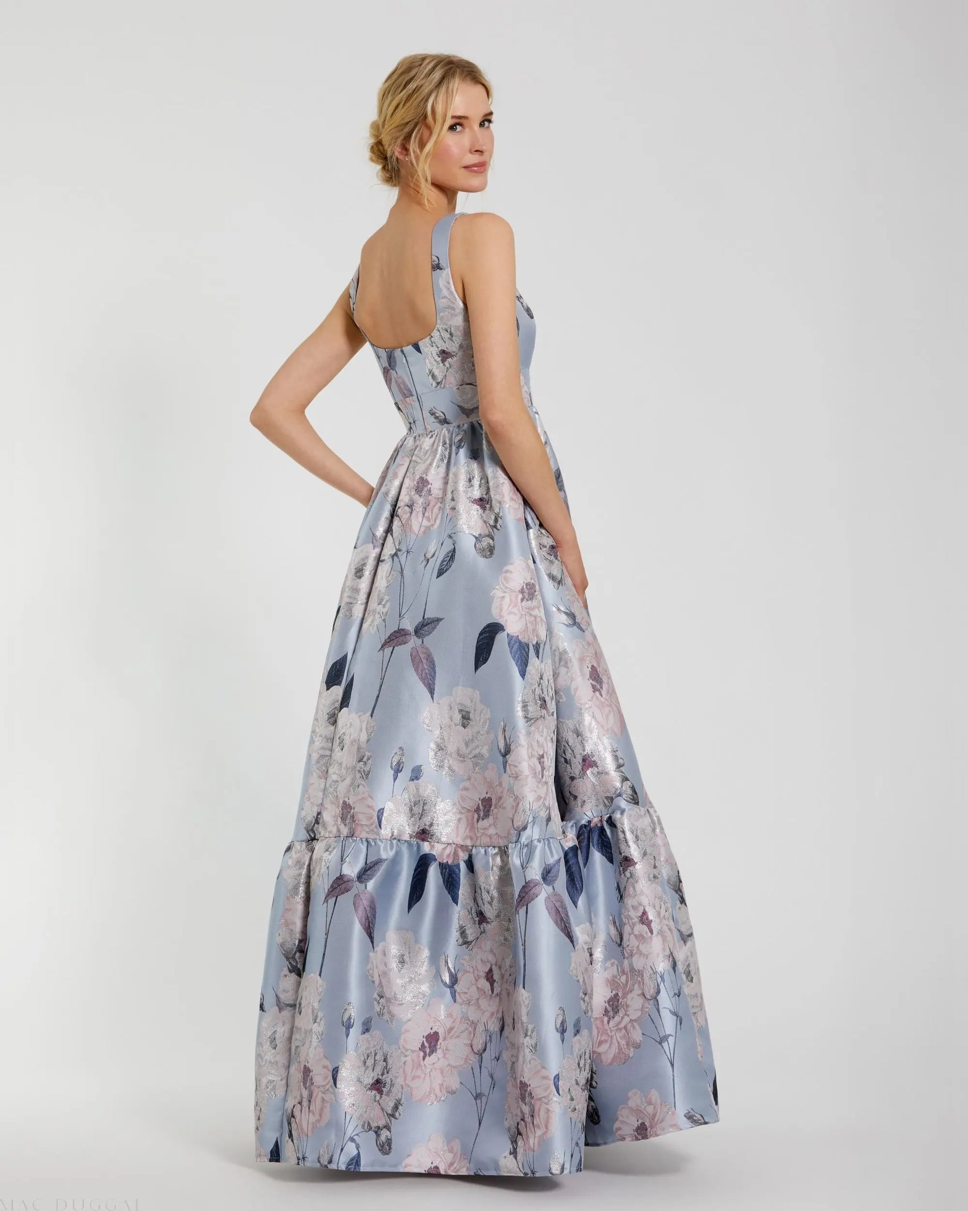 Blue Floral Printed Satin Gown with Pockets | Mac Duggal Blue Floral Printed Satin Gown with Pockets | Mac Duggal