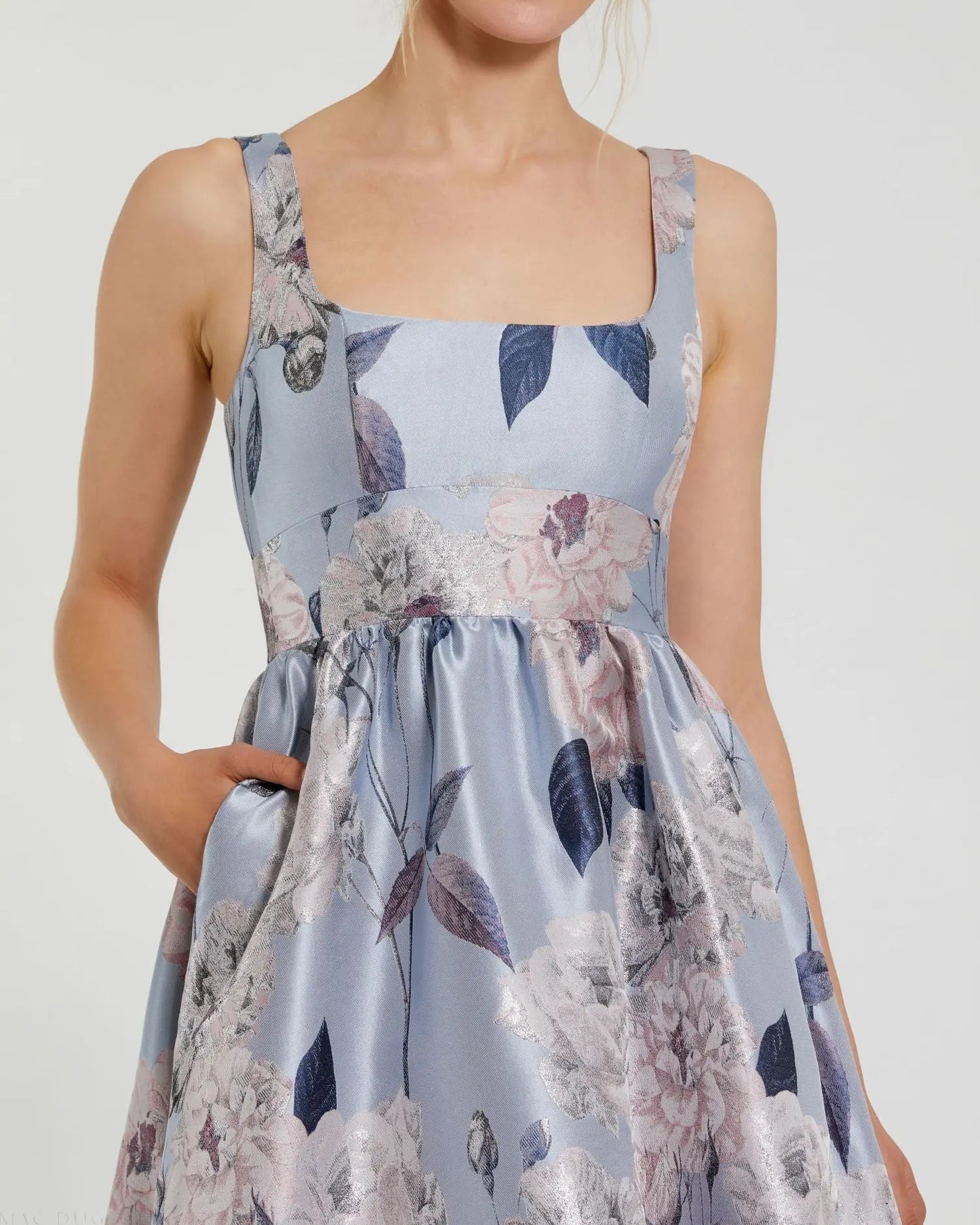 Blue Floral Printed Satin Gown with Pockets | Mac Duggal Blue Floral Printed Satin Gown with Pockets | Mac Duggal