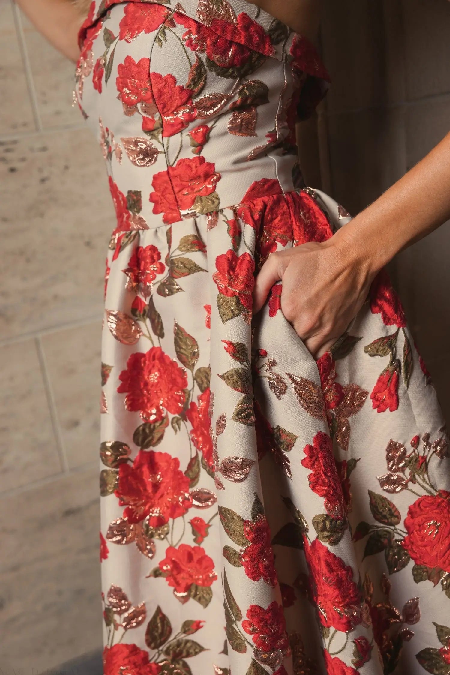 Multicolor Brocade Strapless Floral Gown With Ruffle Hem Multicolor Brocade Strapless Floral Gown With Ruffle Hem