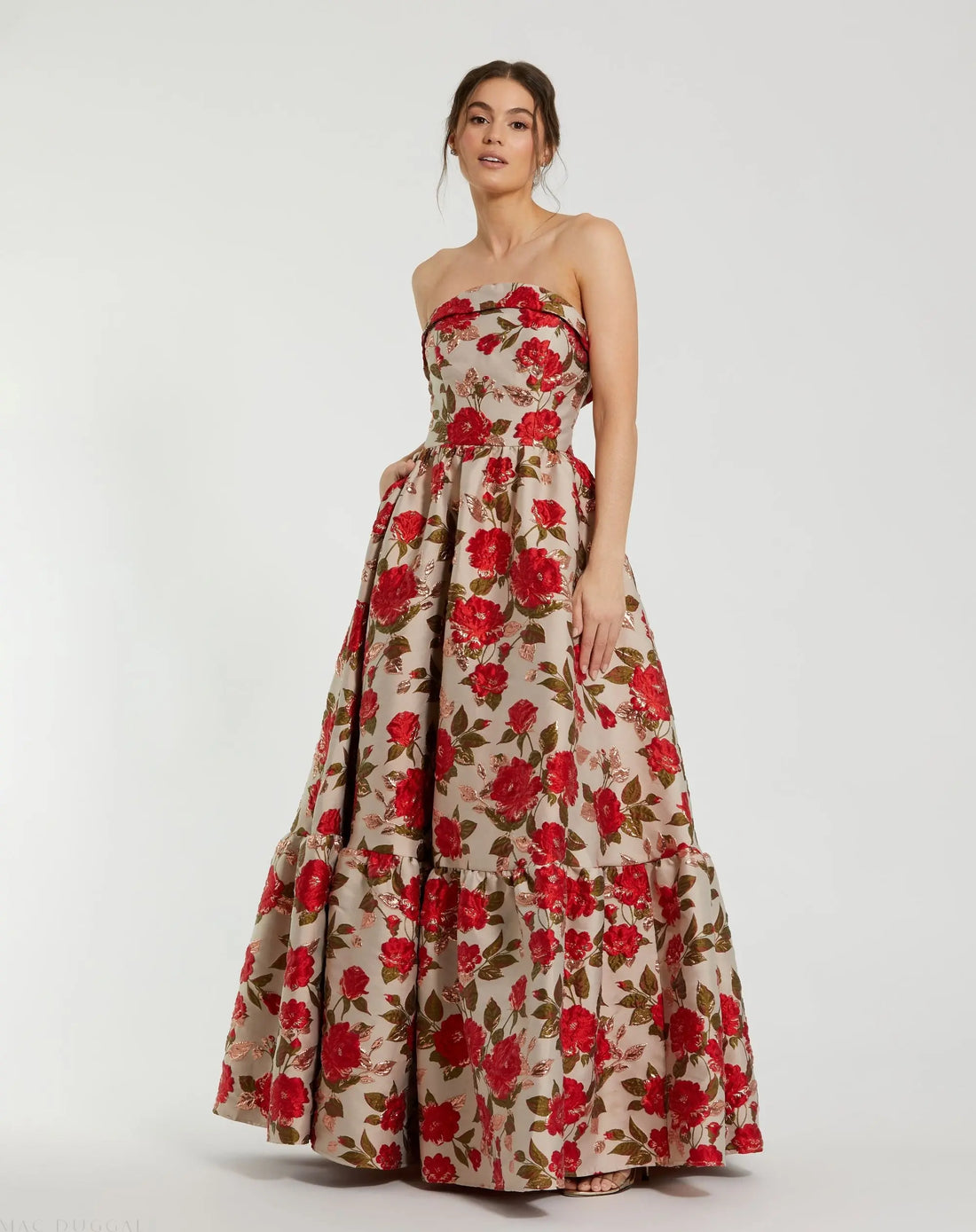 Multicolor Brocade Strapless Floral Gown With Ruffle Hem Multicolor Brocade Strapless Floral Gown With Ruffle Hem