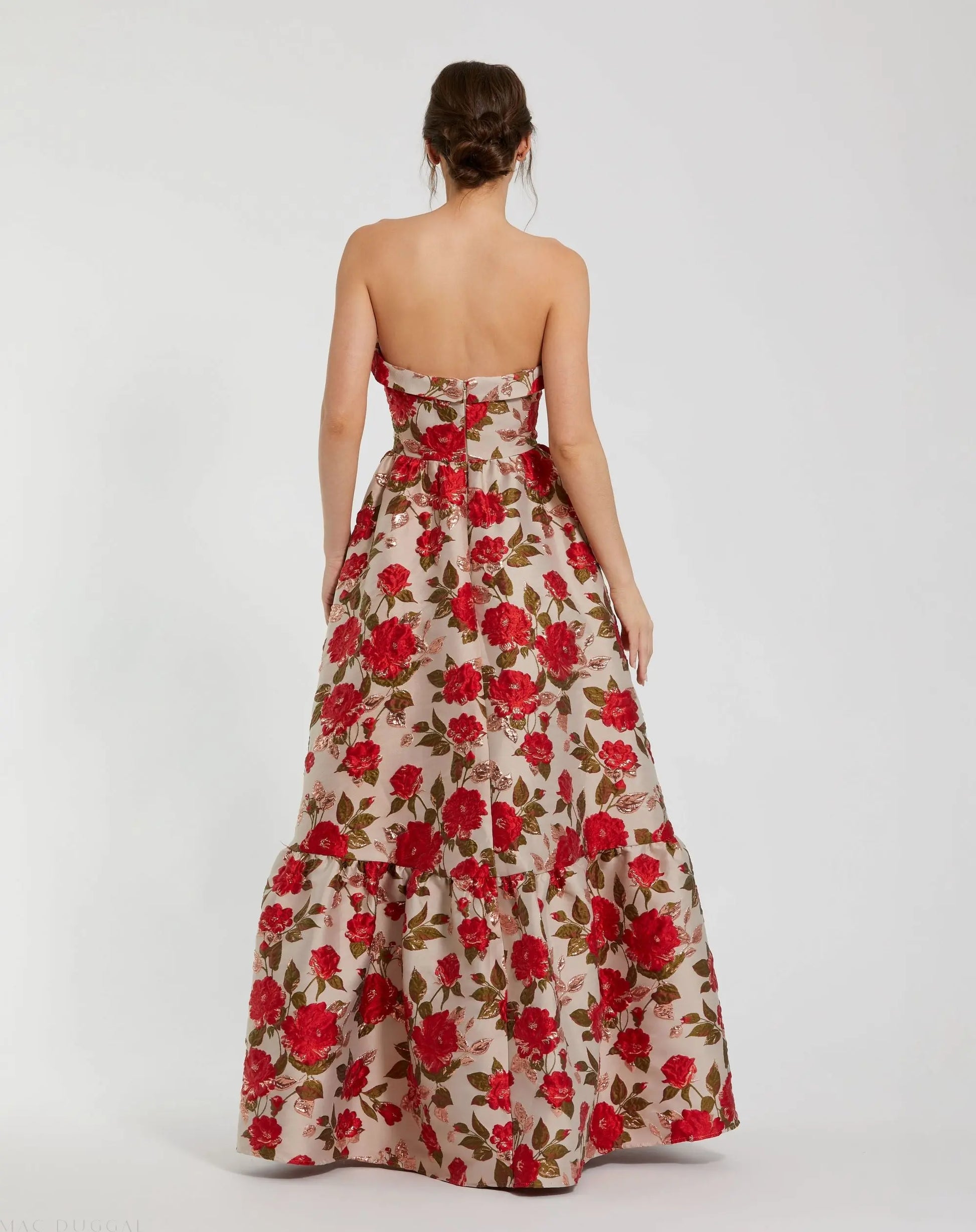 Multicolor Brocade Strapless Floral Gown With Ruffle Hem | Mac Duggal Multicolor Brocade Strapless Floral Gown With Ruffle Hem | Mac Duggal