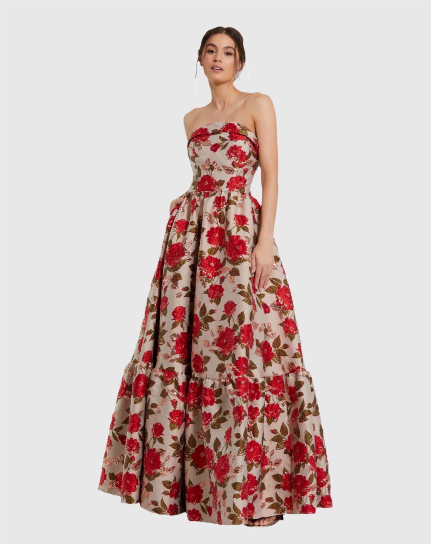 Brocade Strapless Floral Gown With Ruffle Hem