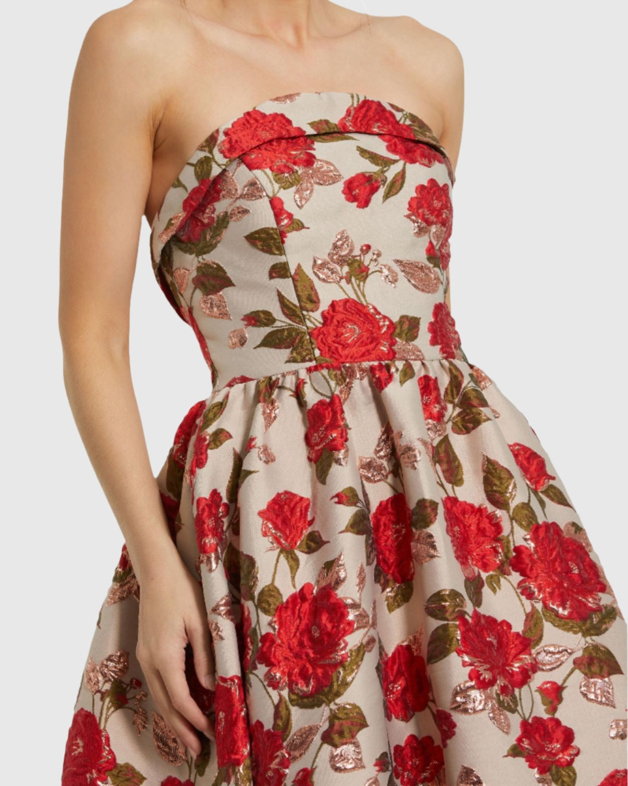 Brocade Strapless Floral Gown With Ruffle Hem